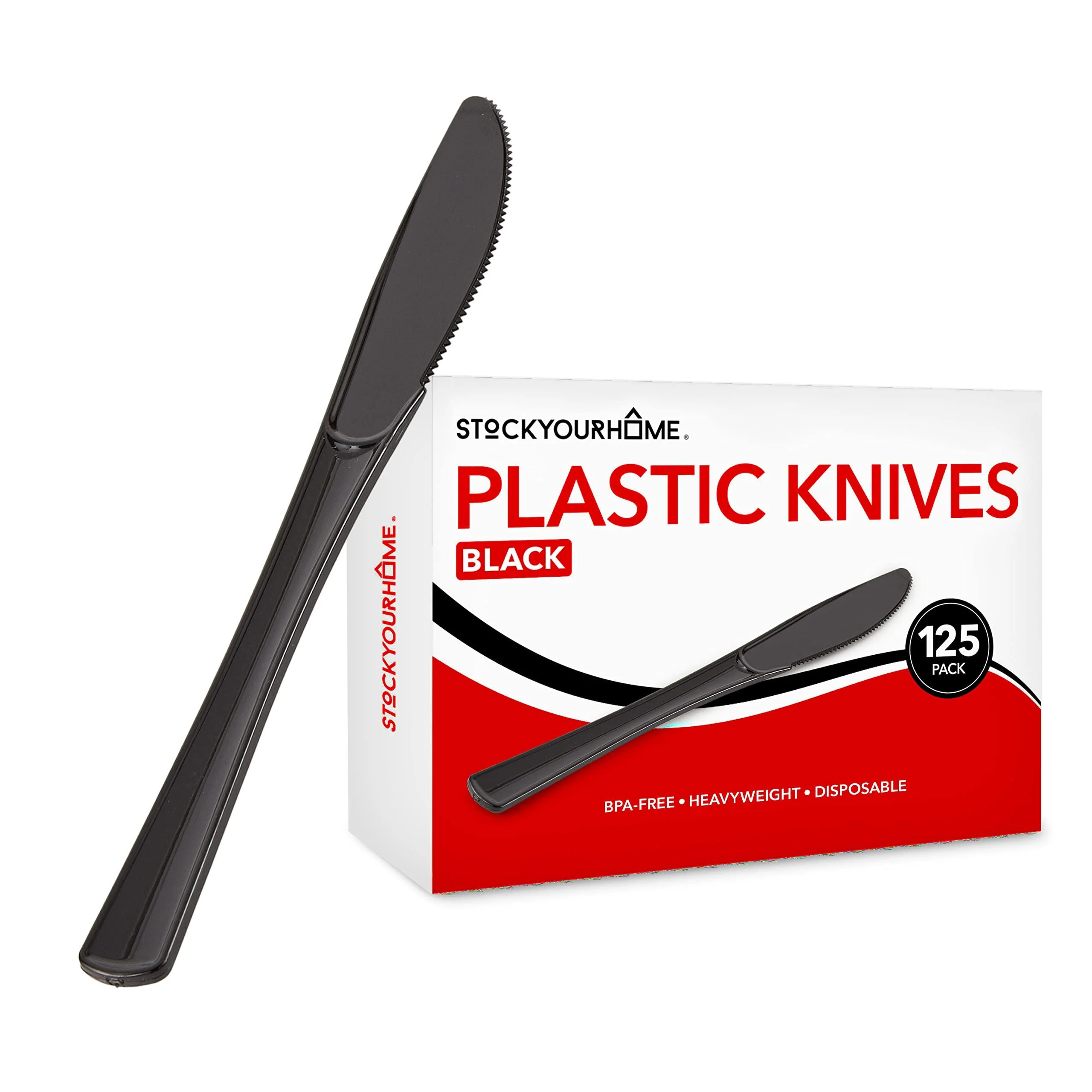 Stock Your Home (125-Count Plastic Knives, Disposable Silverware for Dinner, Heavy Duty Utensils, Heavyweight Party Flatware, Bulk Cutlery in Black