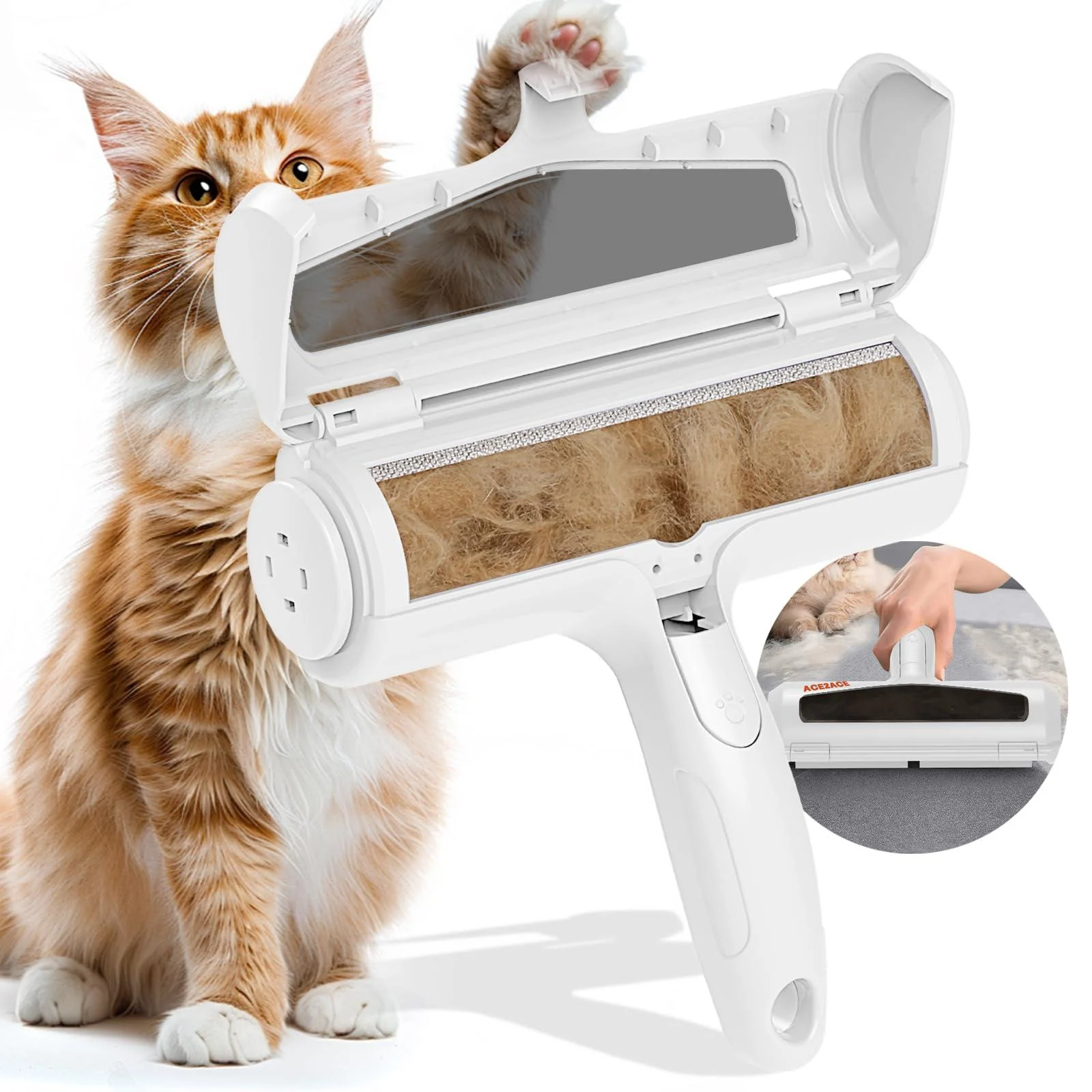 ACE2ACE Pet Hair Remover Roller Reusable Lint Roller with Visable Window Dog Cat Hair Remover Brush Surface Fur Removal Tool for Furniture Couch Carpet and Bedding White