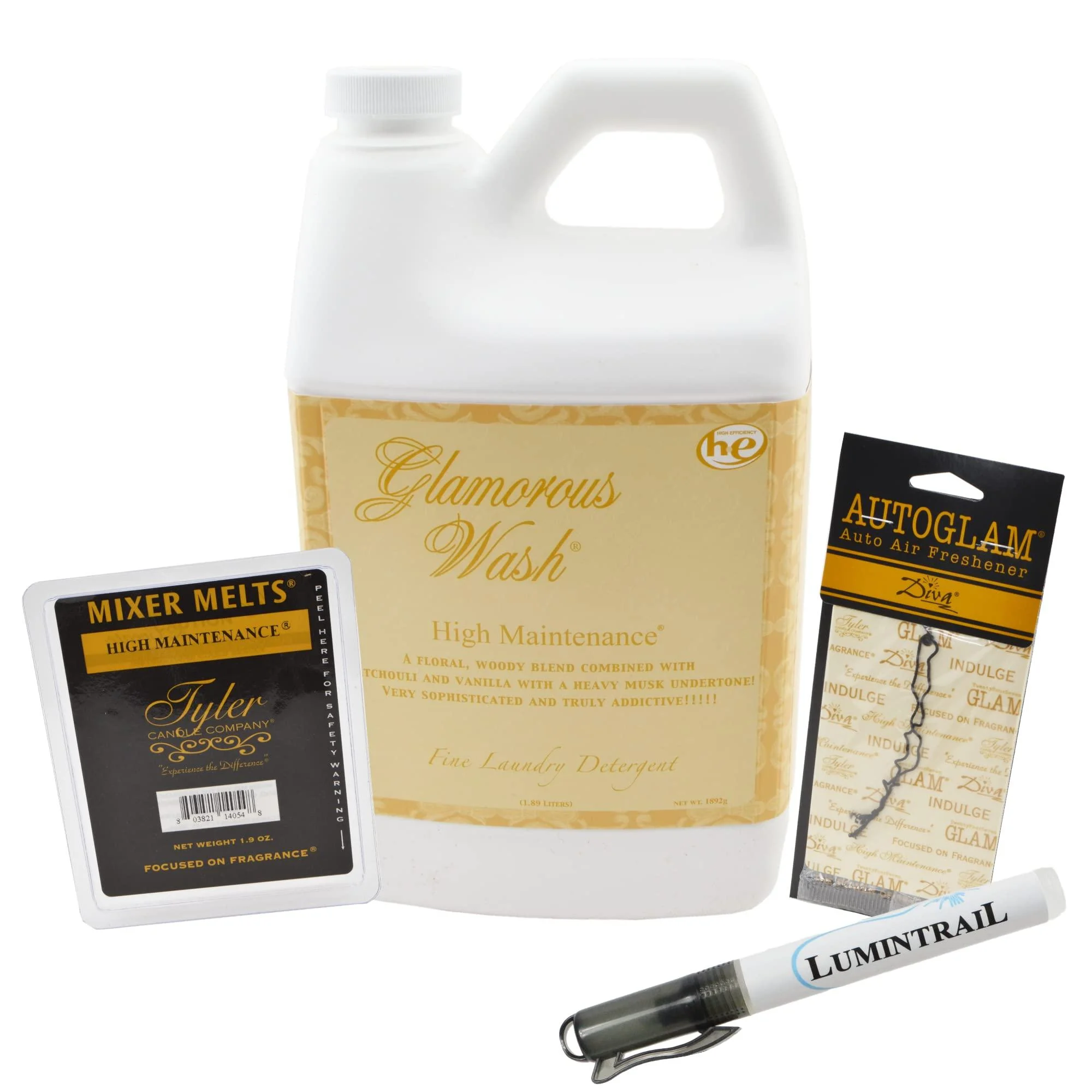 Tyler Candle Glamorous Wash Laundry Detergent High Maintenance Bundle with Tyler Candle Mixer Melts Autoglam Freshener and Stain Remover Pen (1 Gallon)