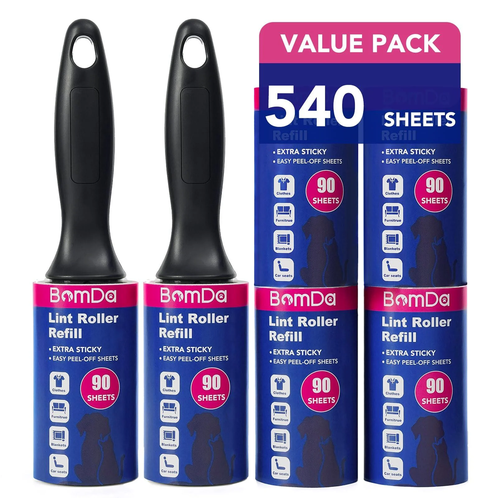 Lint Rollers for Pet Hair Extra Sticky 540 Sheets/6 Refills Mega Value Set Lint Roller with 2 Upgraded Handles Portable Pet Lint Remover for Clothes Furniture (2 Handles+540 Sheets) - BomDa