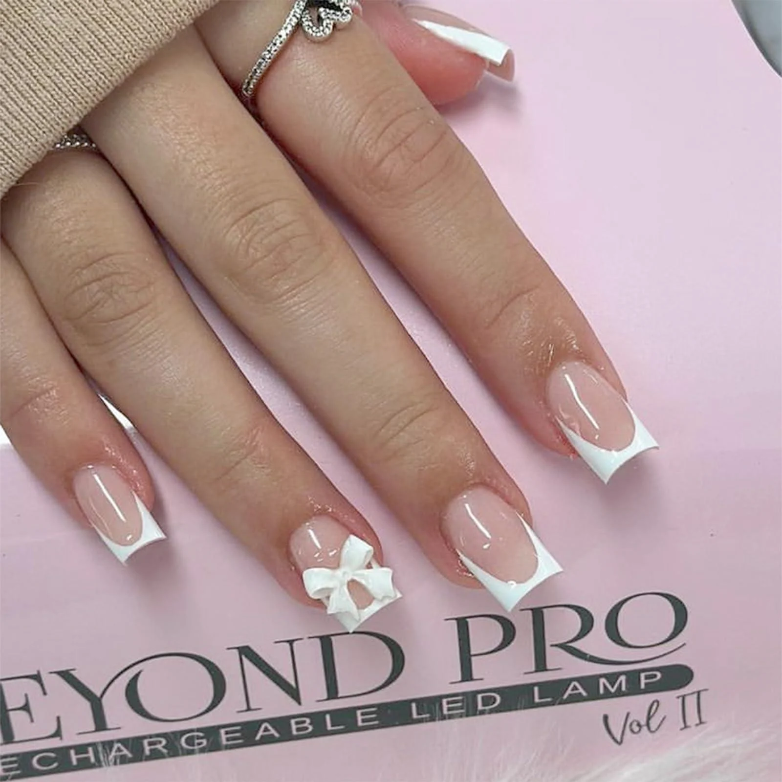 24PCS French Tip Press on Nails Short Square Fake Nails with Bow Design Nude Stick on Nails Glossy Reusable Full Cover False Nails Bow-tie Acrylic Glue on Nails for Women Girls Acrylic Manicure Salon bow-1