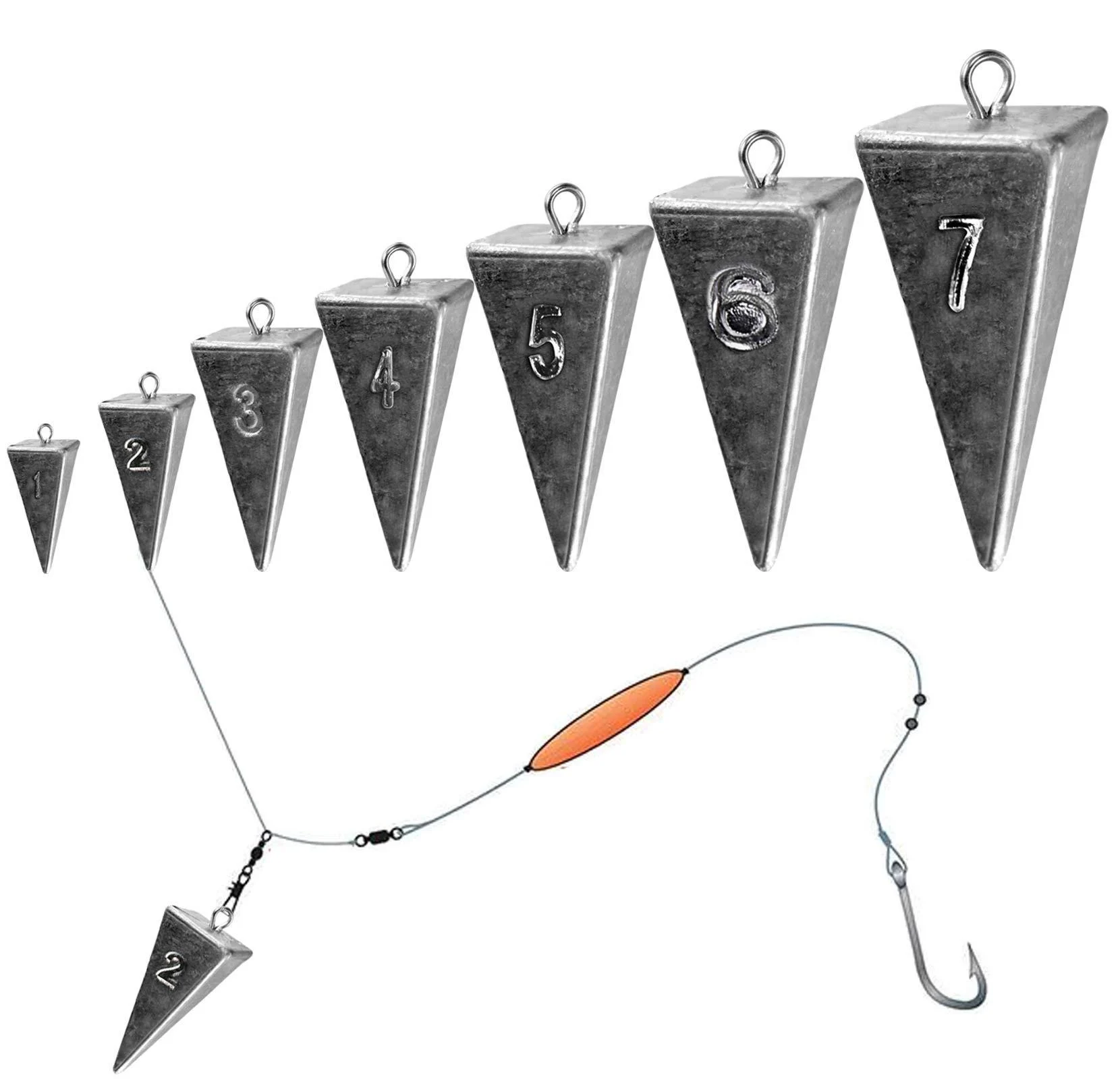 THKFISH Fishing Weights Inline Trolling Sinkers Weights Kit Double Ring Sinkers Tor-Pedo Sinkers Catfishing Sinkers Surf Fishing Weights Coin-Sinkers Disc-Sinkers Pyramid Sinkers Saltwater Weights C-pyramid sinkers 1oz -10pcs