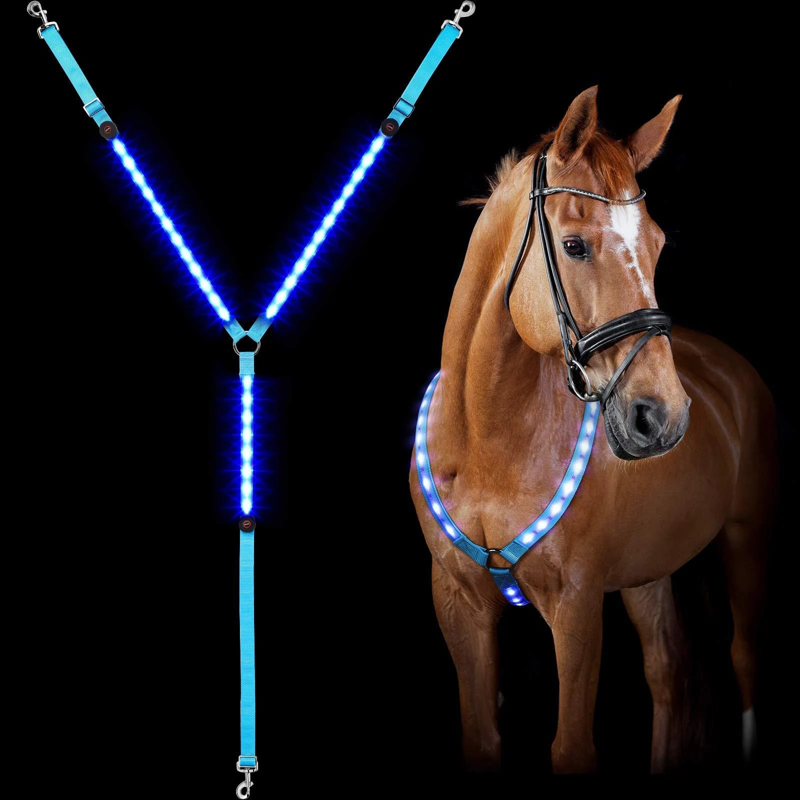 Frienda LED Light Horse Breastplate Collar Adjustable Visibility Tack Equestrian Safety Gear with 3 D-Ring 3 Lighting Modes for Night Horse Back Riding Horse Show (1 Piece, Blue)