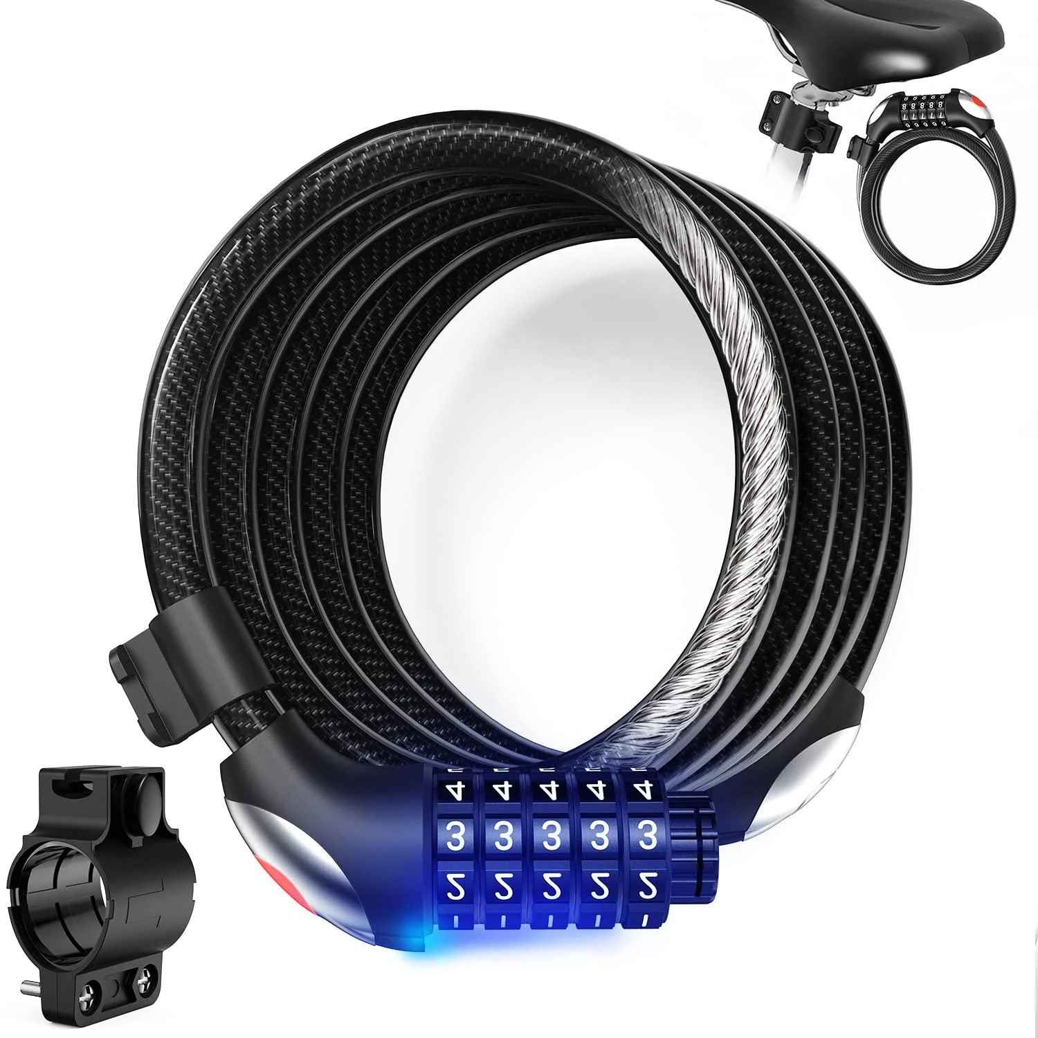 Bike Lock Cable Locks Sportneer - 6 Feet High Security 5-Digit Resettable Combination Lock, Bicycle Cable Lock with Light for Night Unlocking, Scooter Lock with Mounting Bracket for Bikes and Scooters Regular Inner Diameter