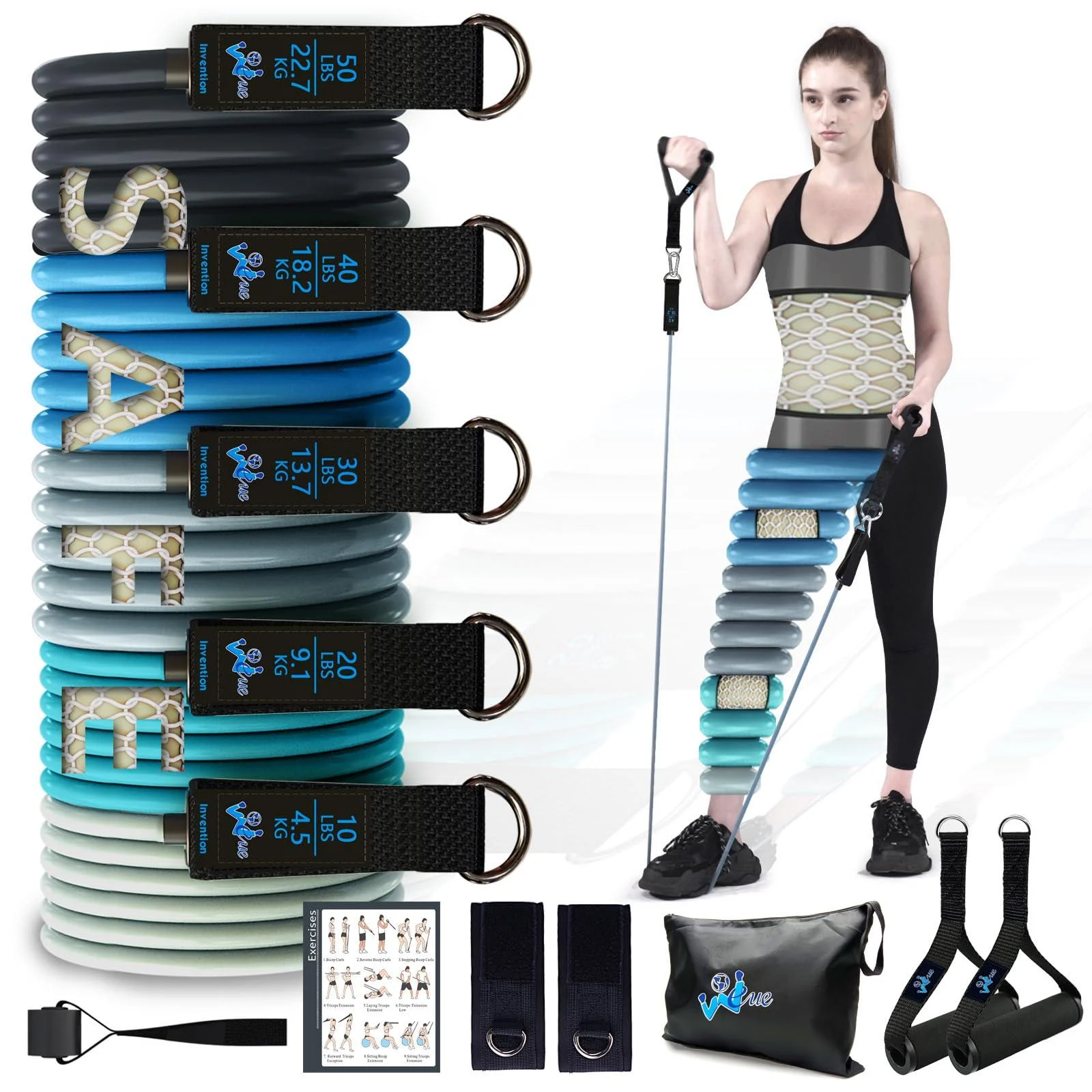 WEUE Resistance Band Safety Tube INVENTION Exercise Band for Fitness Workout Band with Handles for Men Women Up to 150lbs with Foam Handles Ankle Straps Door Anchor for Gym and Home WEUE 11 SET