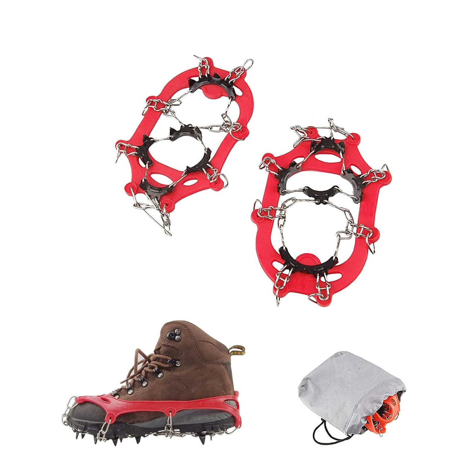 LINXGR 11 Spikes Crampons for Hiking Boots Ice Cleats Traction Anti Slip Kids Crampons Micro Hiking Camping Ice Fishing Child Shoes Snow Cleats Medium for Little/Big Kids Red