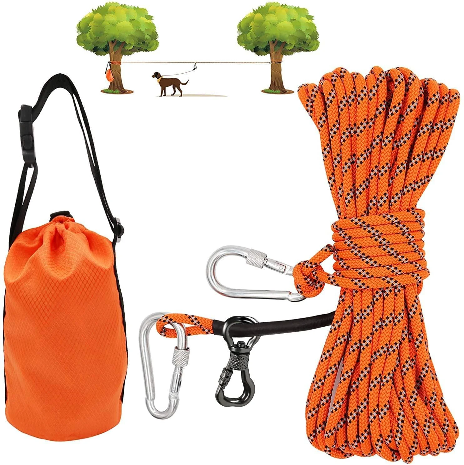 Xiaz dog leash for camping 22.9 m portable trolley system for dogs up to 90 kg dog leash for courtyard camping parks outdoor events 5 minutes of structure orange/evening red in a zigzag pattern (Sunset Chevron) 75ft