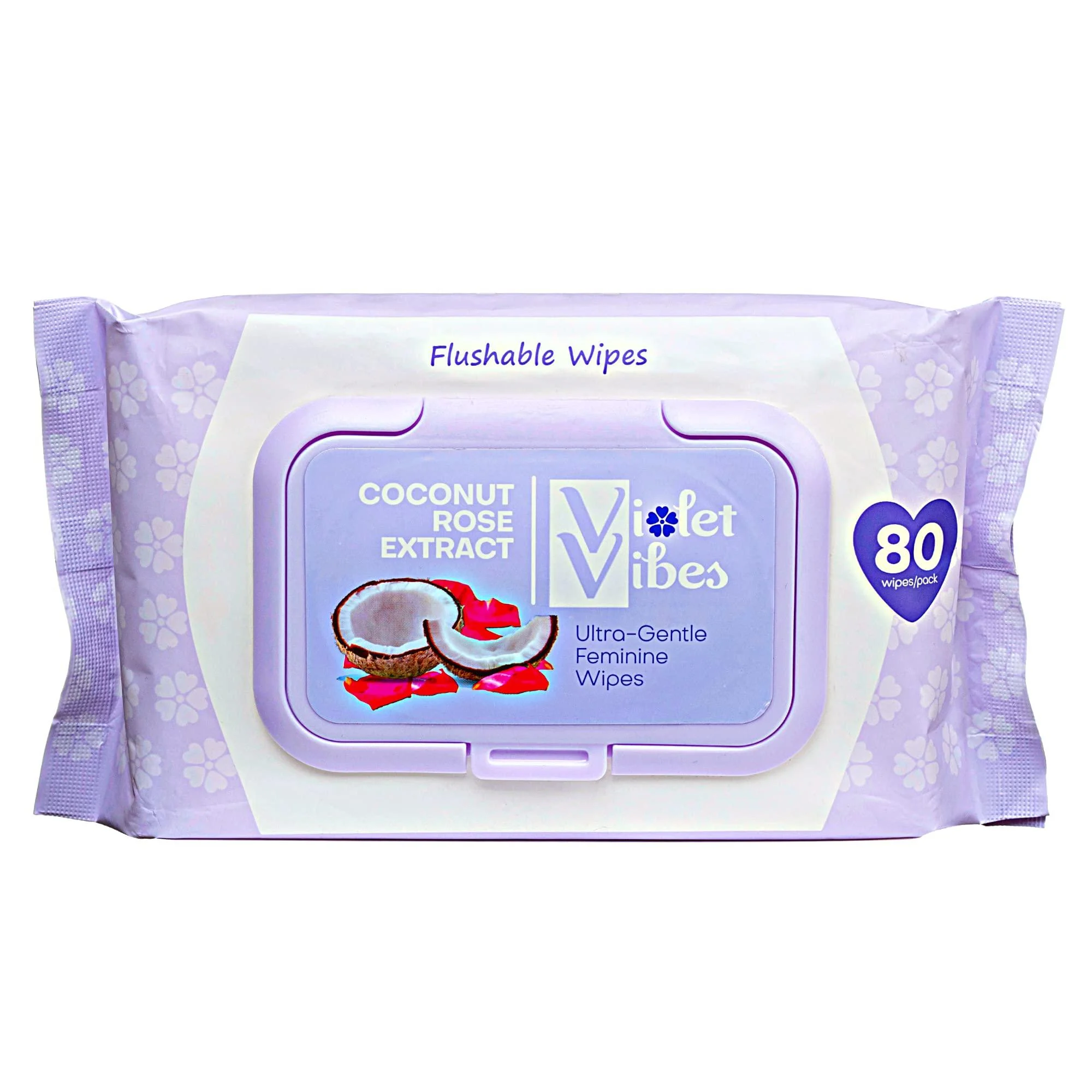Moisturizing Flushable Bathroom Wet Wipes for Women Aloe Coconut Rose | Plant Based pH Balanced Adult Toilet Tissue for Tush & Feminine Care | Personal Hygiene Wipe | Violet Vibes Wet Wipes 80 ct 80 Pack