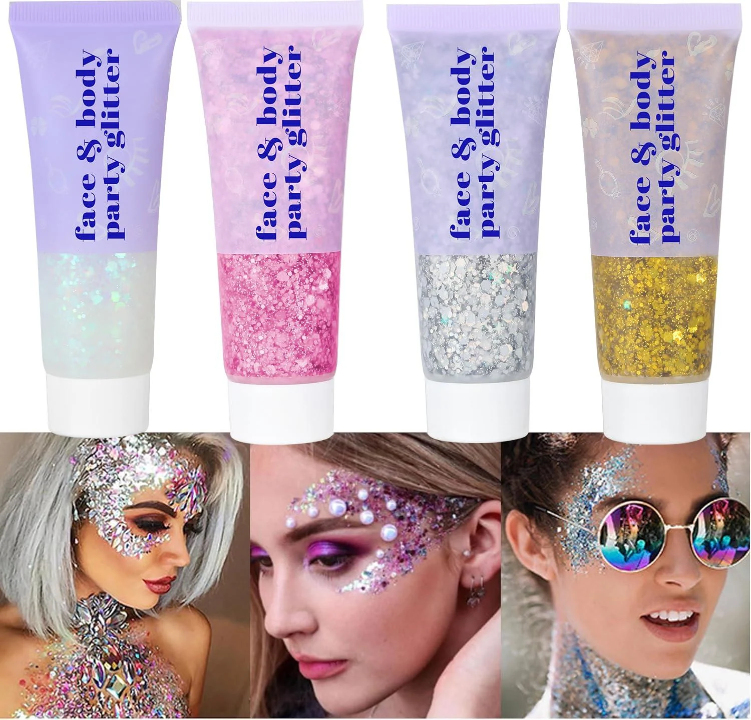 4 Colors Body Glitter Gel Face Glitter Body Gel Singer Concerts Makeup Sparkling Holographic Gel Long Lasting Chunky Sequins Glitters for Eye Lip Hair Nails Festival Rave Accessories Halloween Makeup Gold Pink Silver White - DBEAUTYM