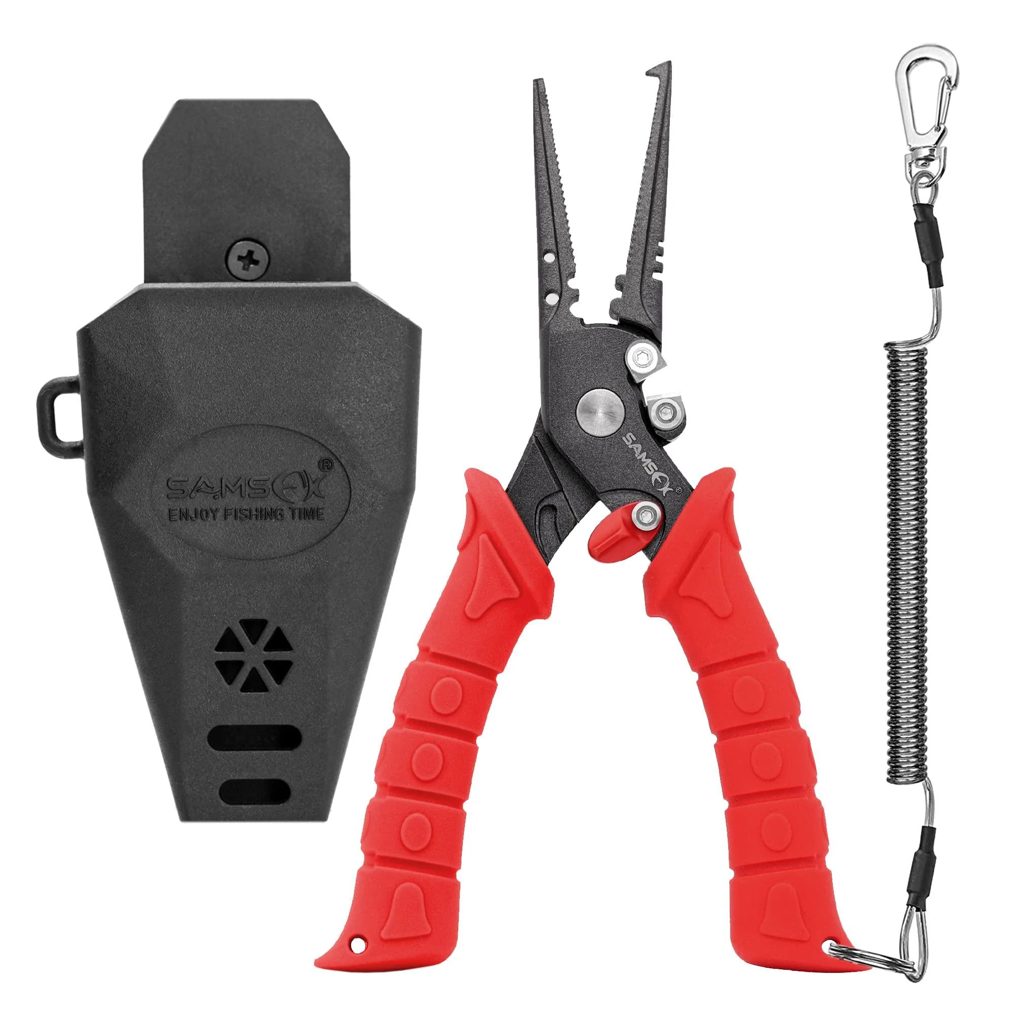SAMSFX 7.5 inch Fishing Pliers, Stainless Steel Hook Remover Fishing Gear, Tungsten Carbide Cutters, Corrosion Resistant Teflon Coating Red Handle, Split Ring Nose