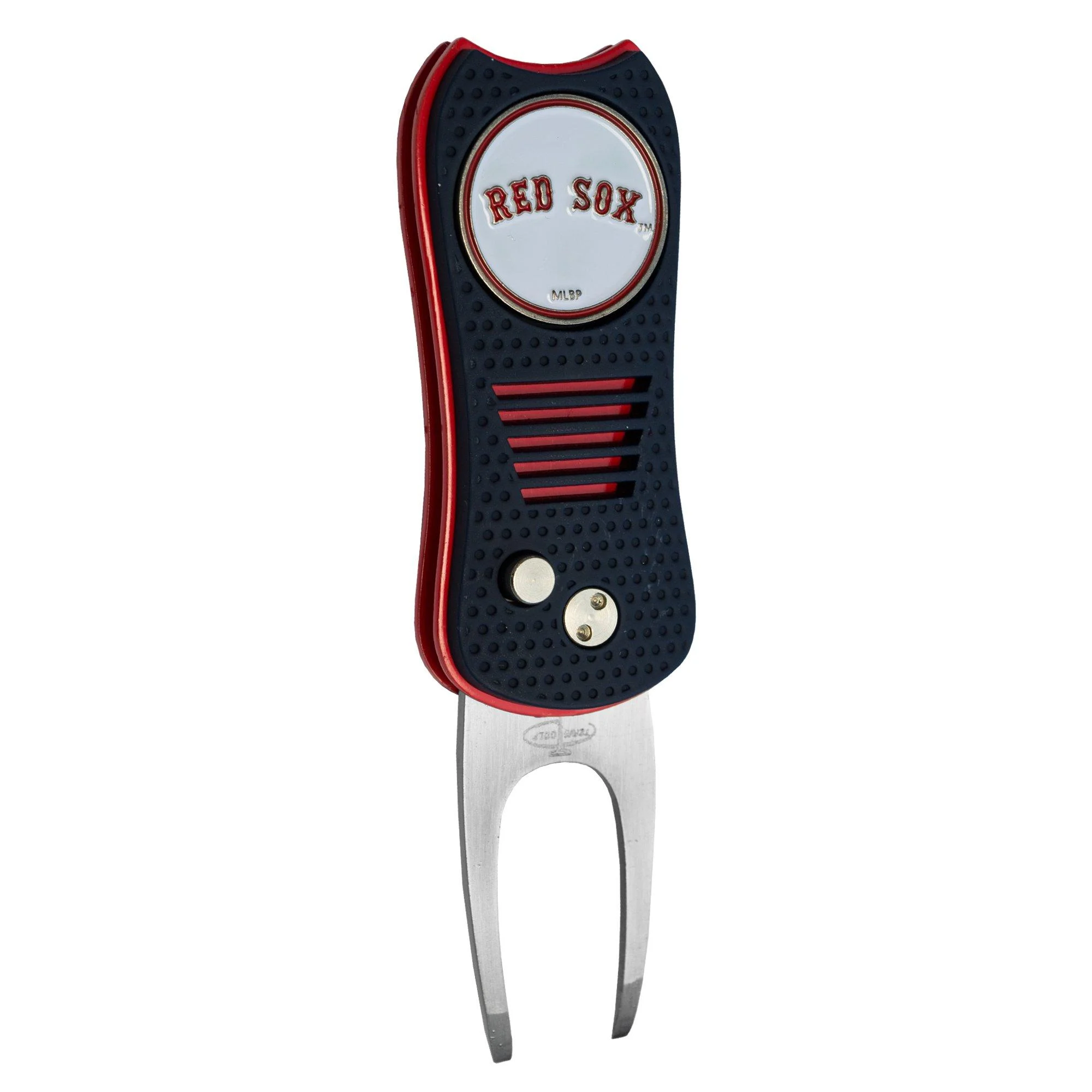 Team Golf MLB Switchblade Divot Tool with Double-Sided Magnetic Ball Marker, Features Patented Single Prong Design, Causes Less Damage to Greens, Switchblade Mechanism Boston Red Sox