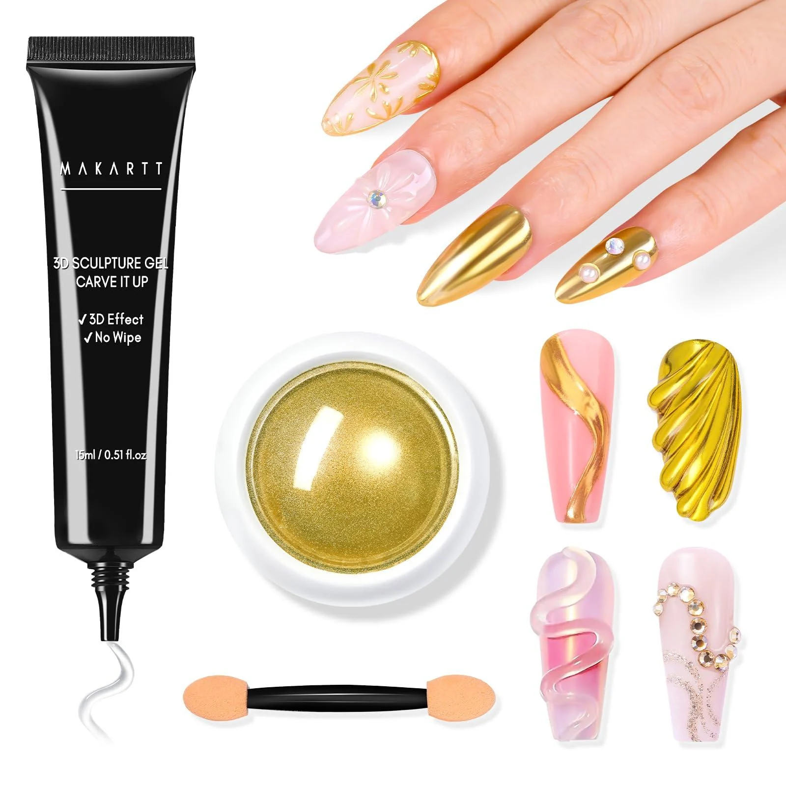Makartt 3D Nail Gel with Gold Chrome Nail Powder Kit Clear Molding Gel for Nail Art 15g Sculpting Glue Polish and Metallic Effect Mirror Powder Set for Nail Decoration Manicure Charms Clear 3D Nail Gel & Gold Chrome Nail Powder