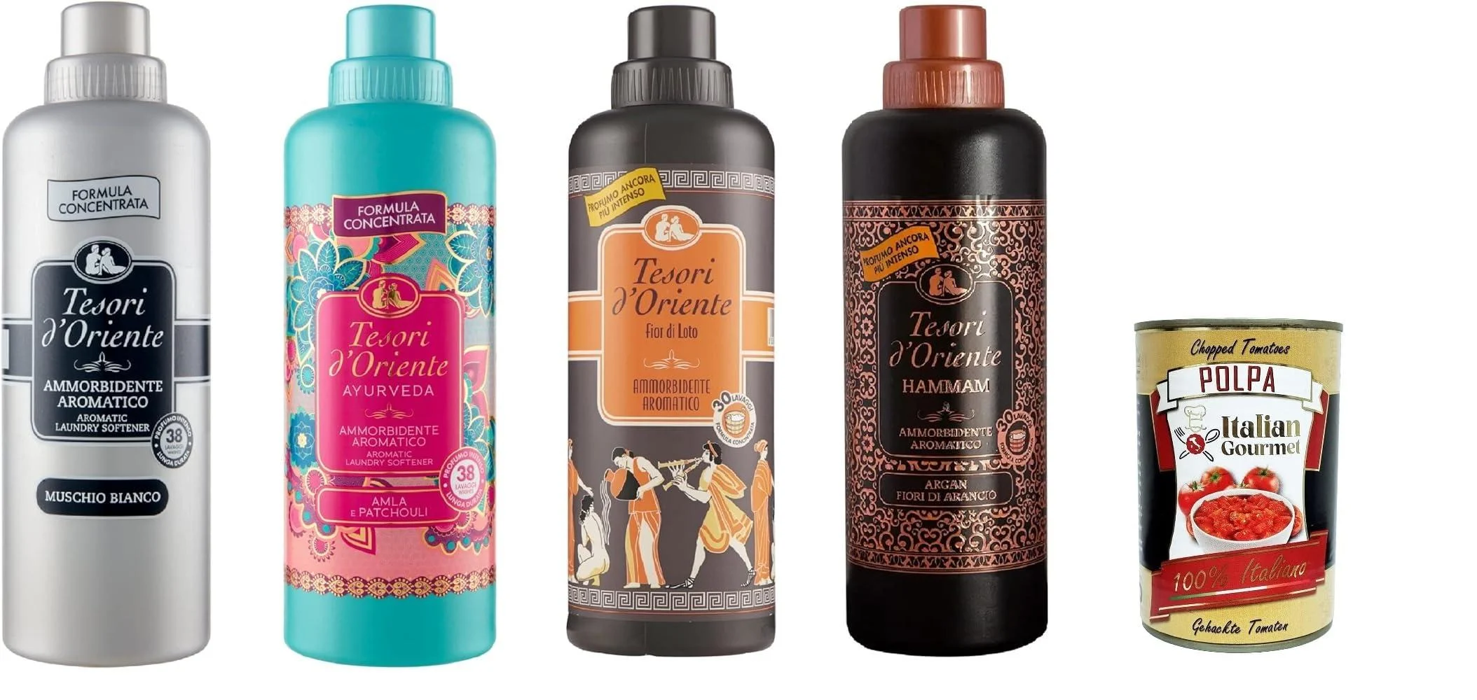 Test Pack Tesori d'oriente Softener Muschio Bianco Fiori di loto Ayurveda Hammam 4 x 750 ml + Italian Gourmet Polpa 400 g - Italian Gourmet E.R.
