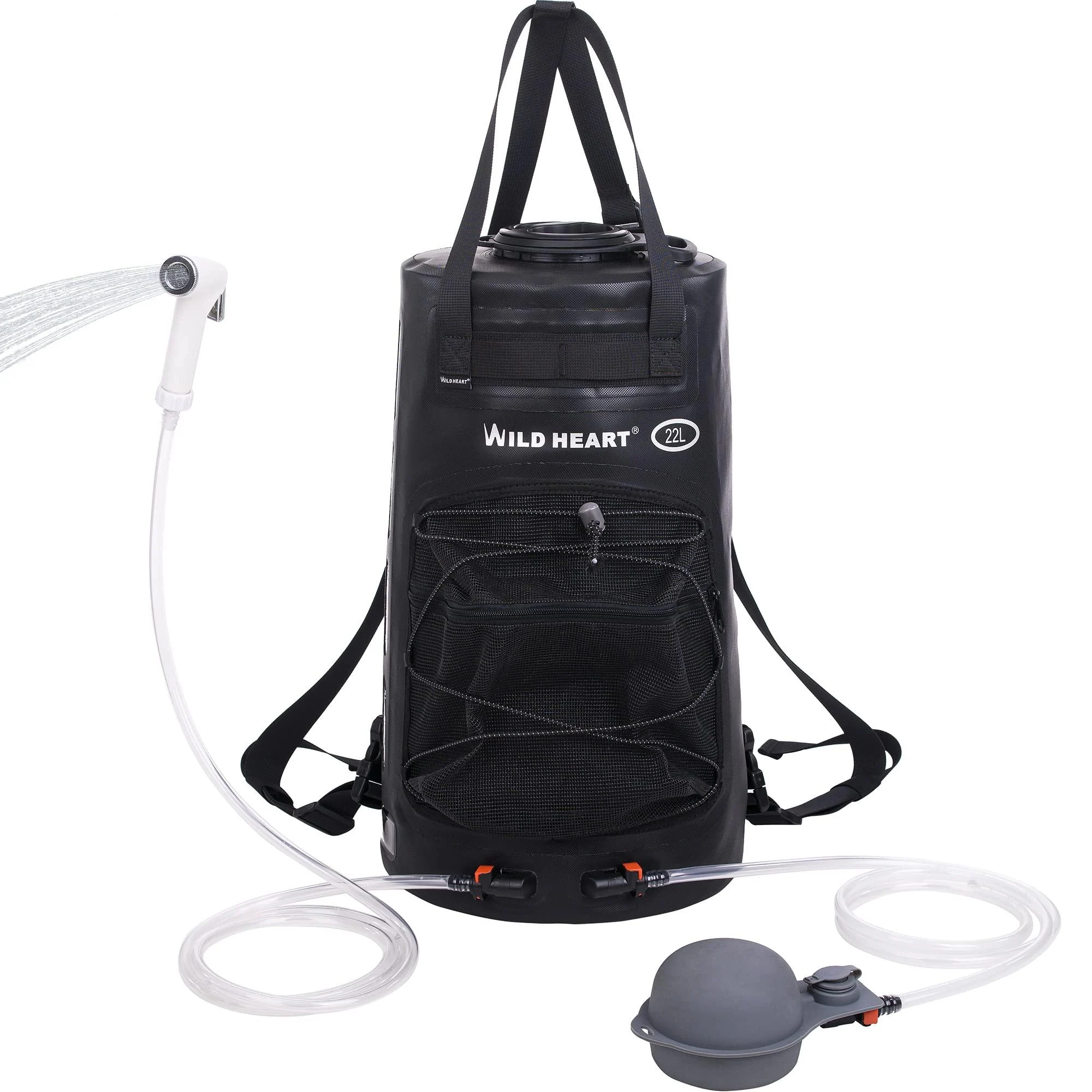 WILD HEART Camping Shower 22L Portable Shower for Camping with Pressure Foot Pump and Hose - Solar Shower Bag Backpack for Camping Road Trip & Outdoor Use Black