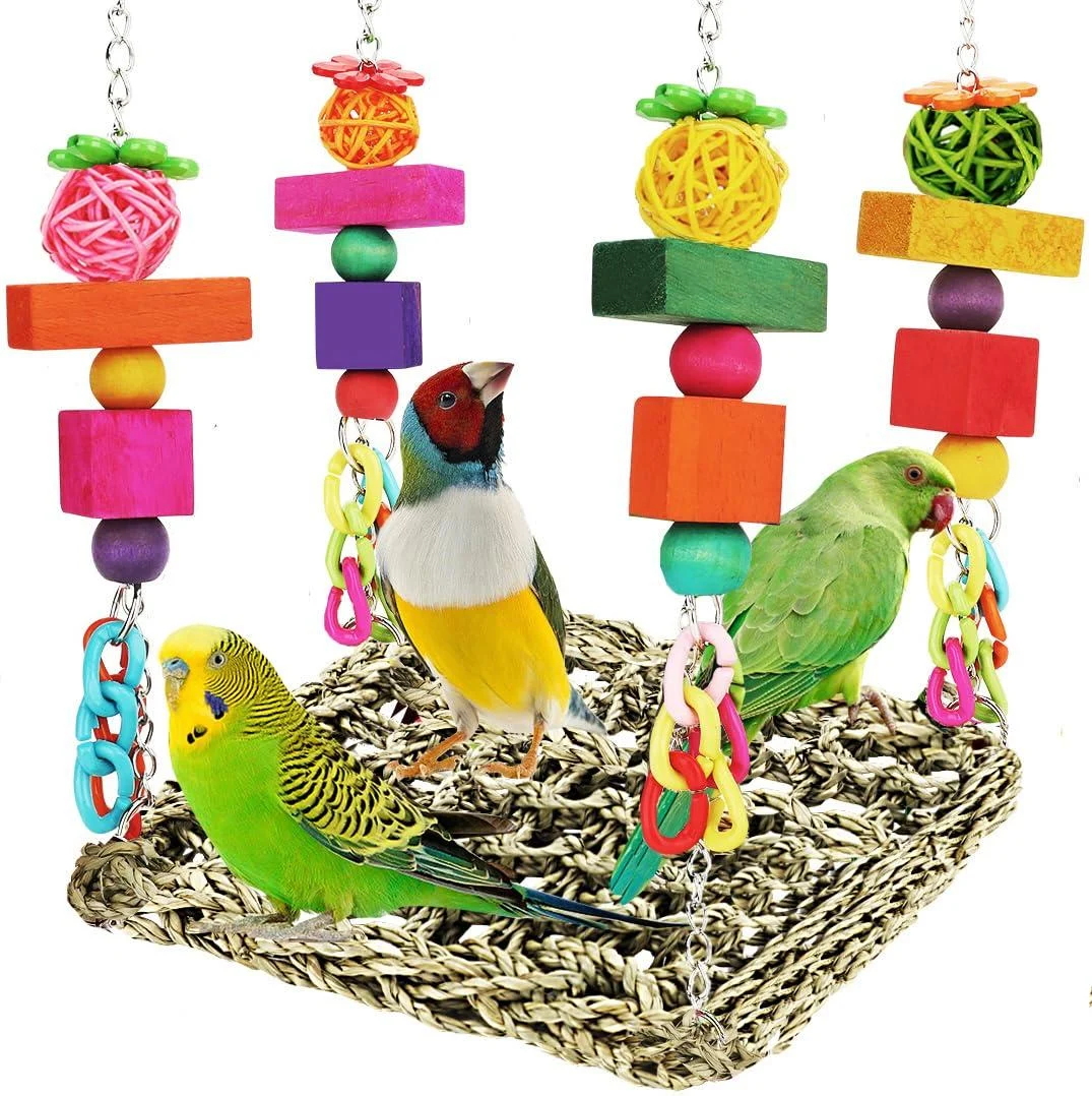 Bird Toys Parakeet Toys Conure Toys Bird Foraging Wall Toy Seagrass Woven Hammock Swing Mat for Climb Perch Swing with Colorful Wooden Chewing Toys for Lovebirds Parakeets Conure Cockatiel (Middle) - BBjinronjy