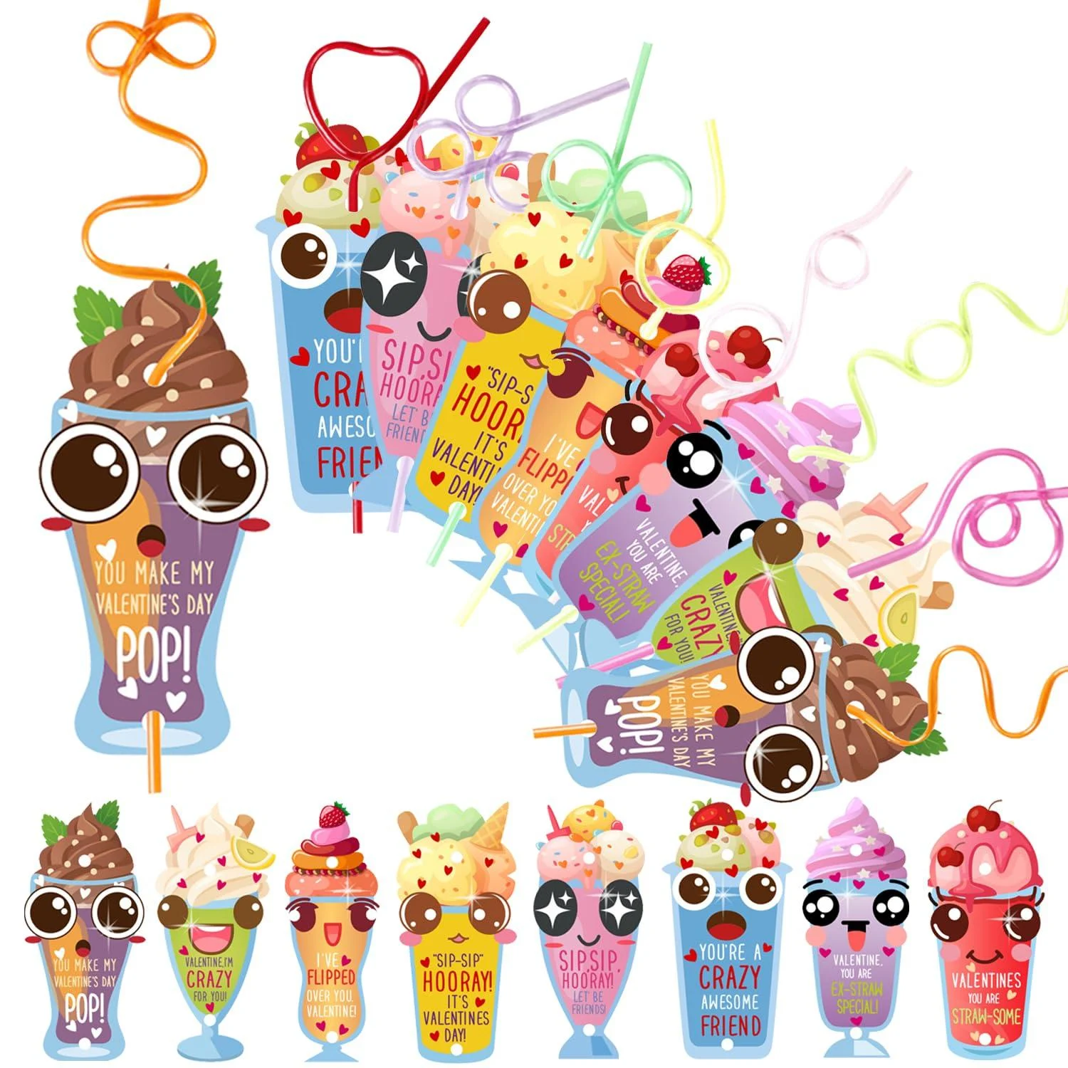 EIDIND 32pcs Valentines Day Straws with Cards for Kids Valentine Day Exchange Cards with Twisty Straws for School Girls Boys Toddlers Class Classroom Party Favors