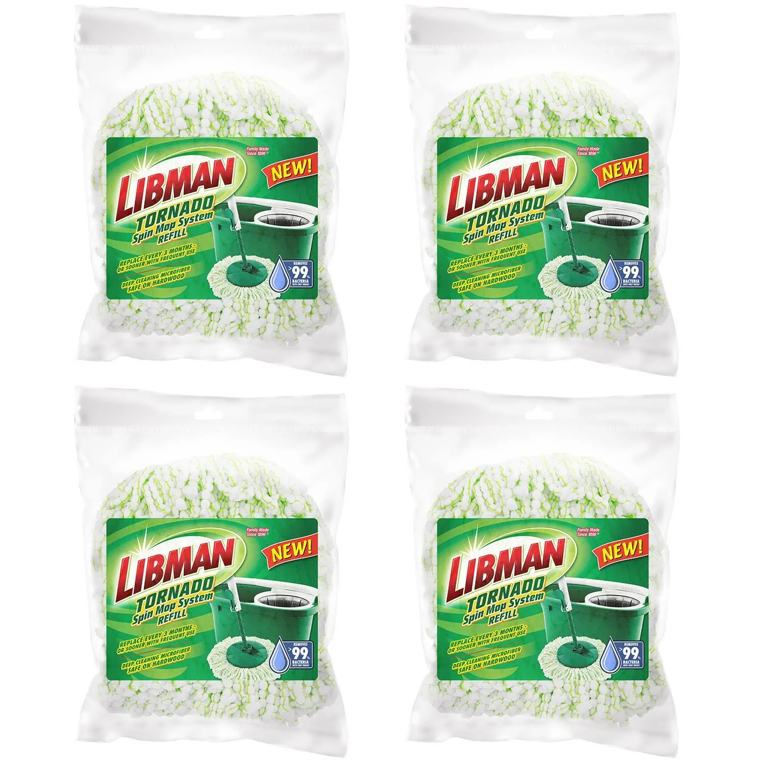 Libman Tornado Spin Mop Refills-Case of 4-Microfiber Head Easy to Replace Machine Washable Green & White 4 Each
