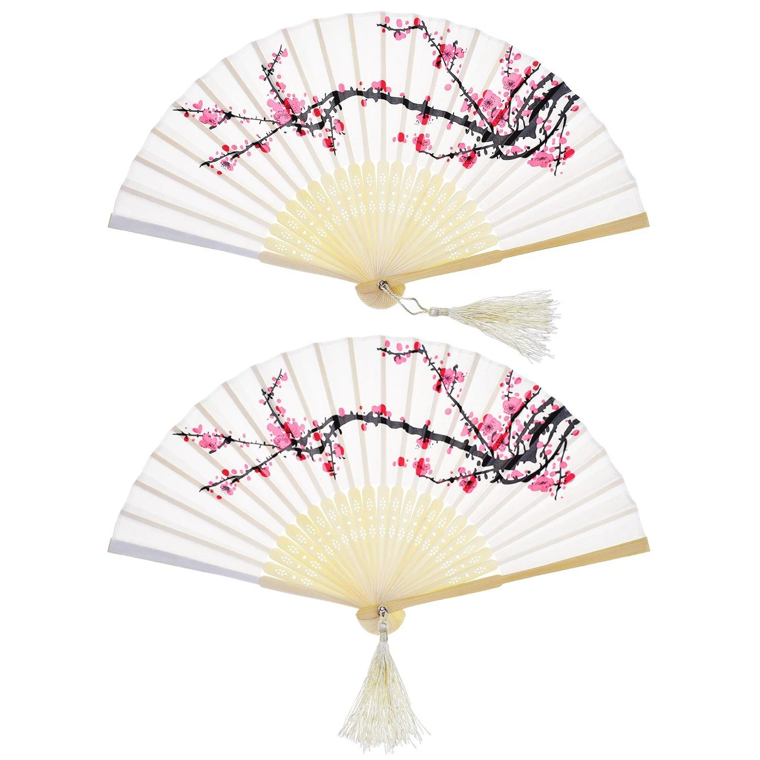 2 pieces folding fans hand fans bamboo fans with tassel women hollowed out bamboo hand hold fans for wall decoration gifts (white cherry) traditional - Hotop
