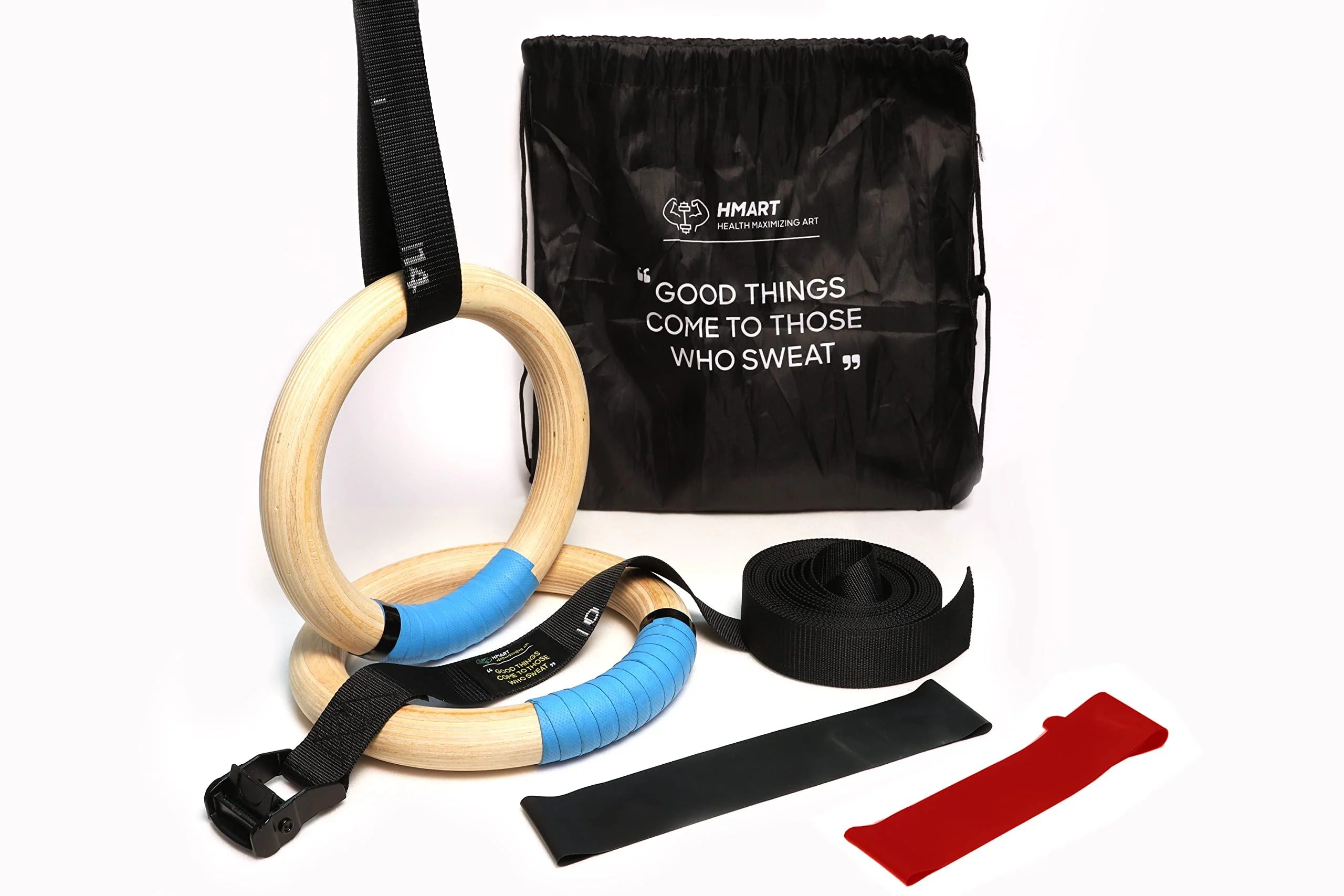 HMART Wooden Gymnastic Rings 1600Ibs Capacity with Loop Bands, 15ft Woven Adjustable Numbered Straps Anti-Slip Sweat-Absorbent Hand Tape Pull Up Rings for Home Outdoor Exercise Gym Rings
