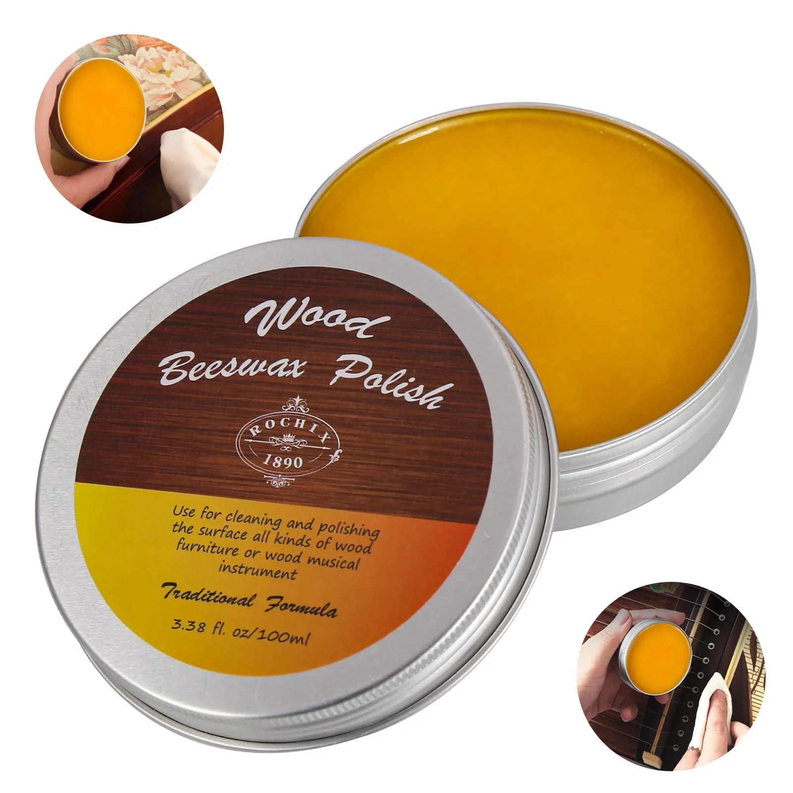Wood Beeswax Furniture Polish Traditional Beeswax Polish for Wood Furniture Floors Wood Doors Tables Chairs to Protect & Care 3.38 fl.oz/100ml - ROCHIX 1890