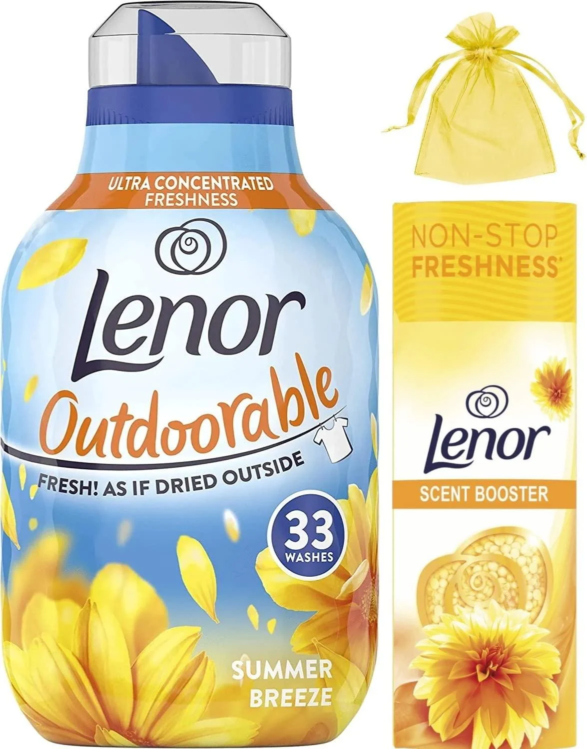 Lenor Summer Breeze Scent Bundle Pack: Outdoorable Ultra Concentrated Fabric Conditioner 33W 462ml + in-Wash Scent Booster Beads 176gr + Our Gift for You: Organza Bag Size: 9x7x0.1cm