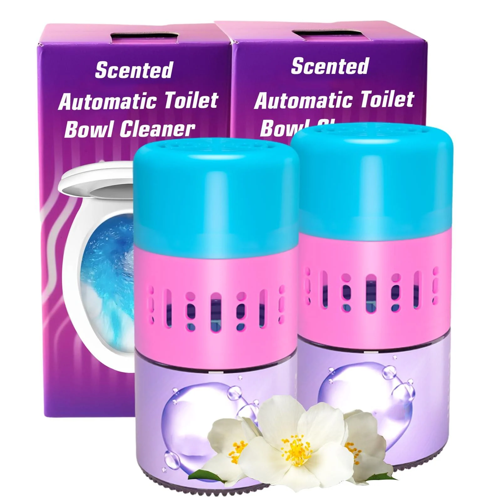 MMIOFANT Automatic Scented Toilet Bowl Cleaner Bottle 2 pack Long Lasting Bathroom Toilet Tank Cleaner Pods Tablets In Bottles With Powerful Cleaning (Jasmine 2 Pack)