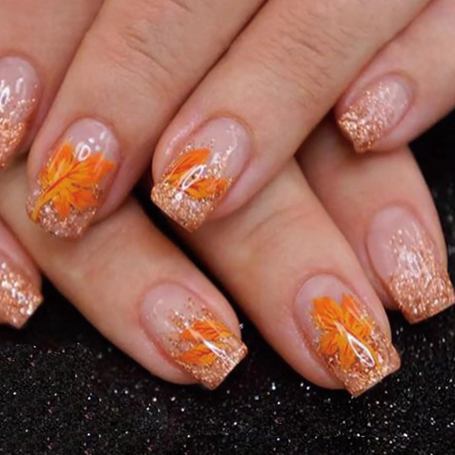 24Pcs Fall Fake Nails Glitter French Tip Press on Nails Short Maple Leaf False Nails Autumn Stick on Nails Maple Leaves Acrylic Artificial Nails for Women Girls Thanksgiving Glue on Nails Decoration Fall Nails Design-29