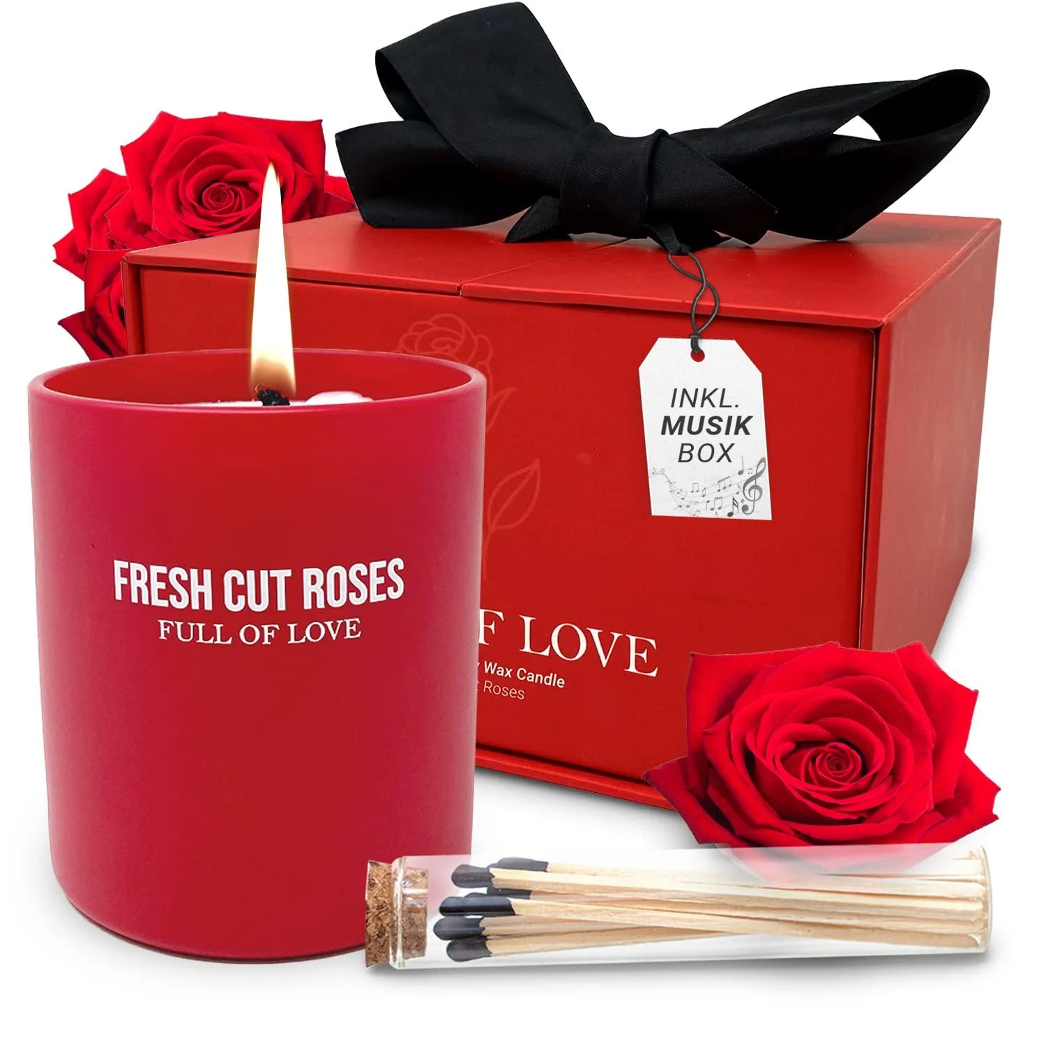 High quality gift box with matches |Handmade candle made of natural soy wax |Up to 60 hours of burning time |Perfect gift set with music box |Fragrance grade fresh cut roses - Longfair