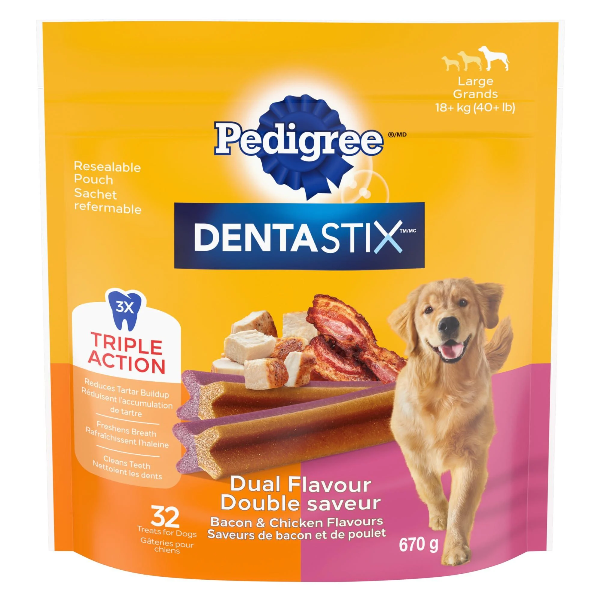 Pedigree Dentastix Oral Care Large Breed Dog Treats Dual Flavour Bacon & Chicken Flavours 32 Sticks Pet Food