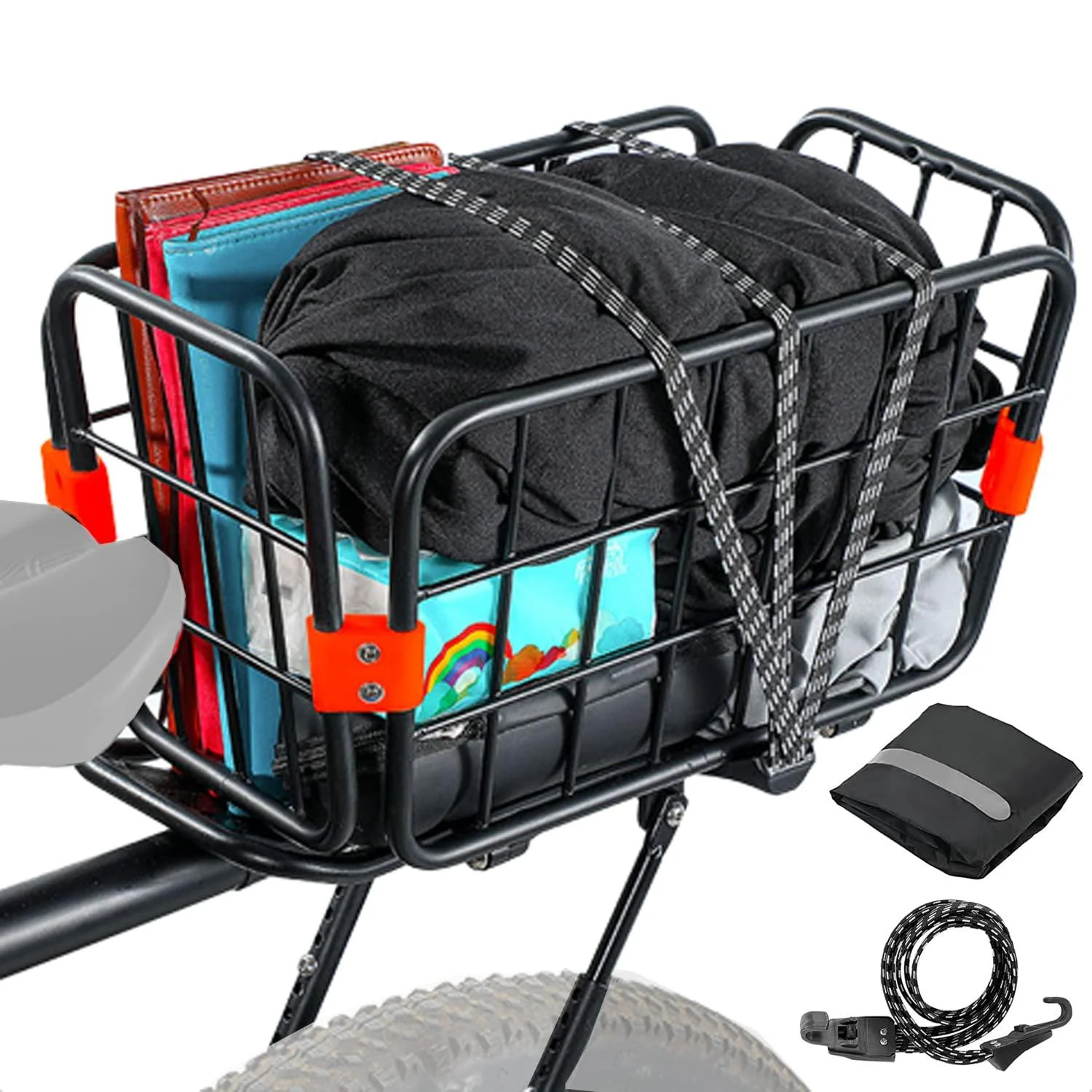 Bike Rear Rack Versatile with Basket, 165lb Load Bike Rear Rack, Bike Cargo Rack, Quick Mount, Adjustable, Comes with Free Bungee Cord and mounting Tools and Waterproof Cover - ANGDENGOO