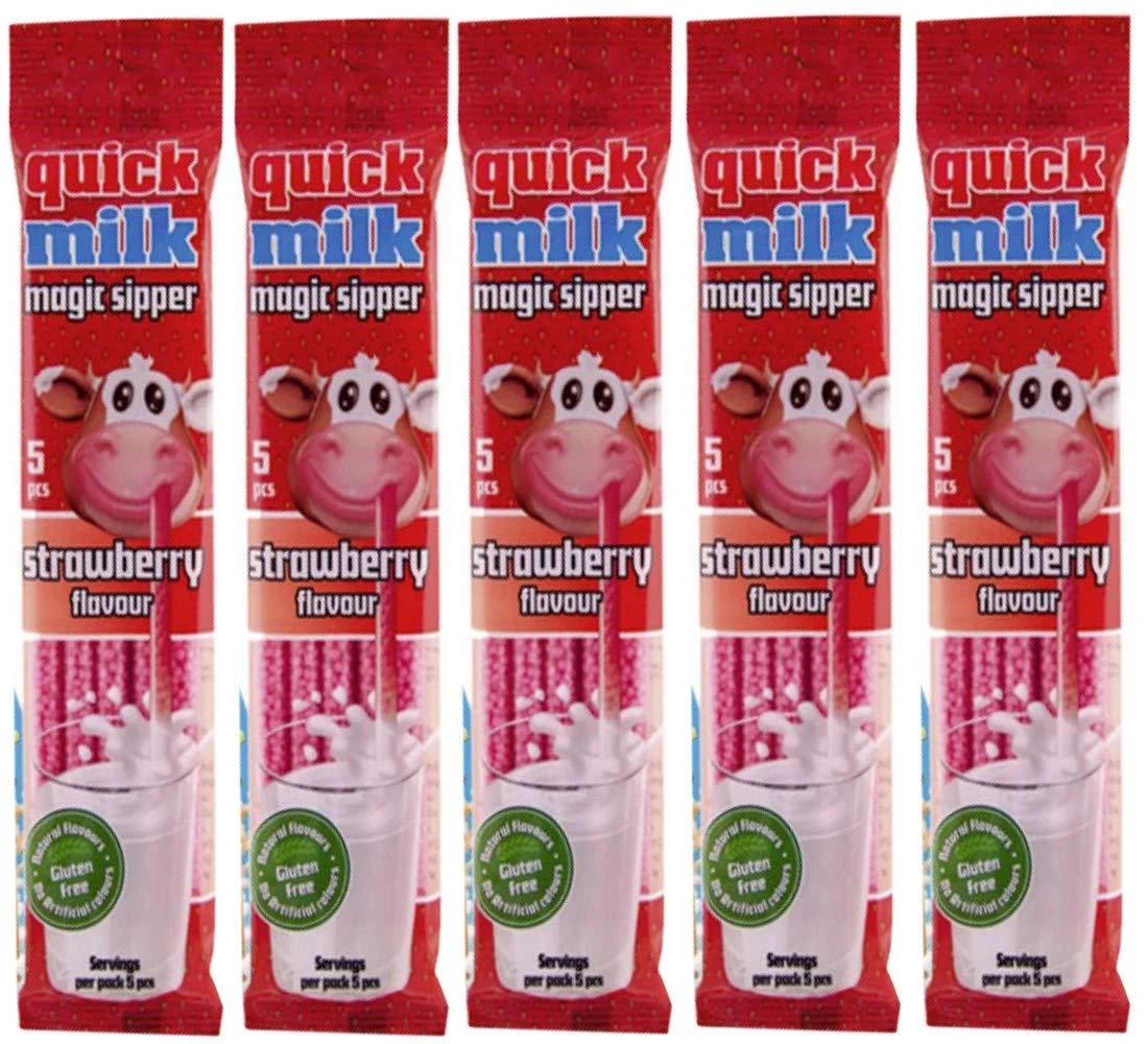 Quick Milk Strawberry 5 bags with 5 straws each Magic Milk Drinking Straws Straws