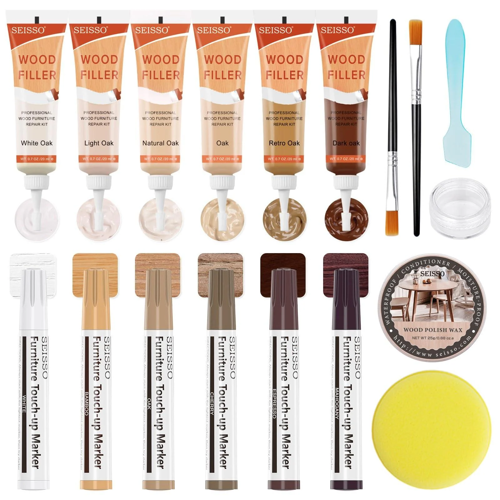 Wood Furniture Repair Kit - 6 Oak Color Wood Fillers with 6 Touch Up Markers and Wood Polish Wax for Wooden Stains Scratch Repair Cracks Perfect for Laminate Cabinet Tables Oak Walnut