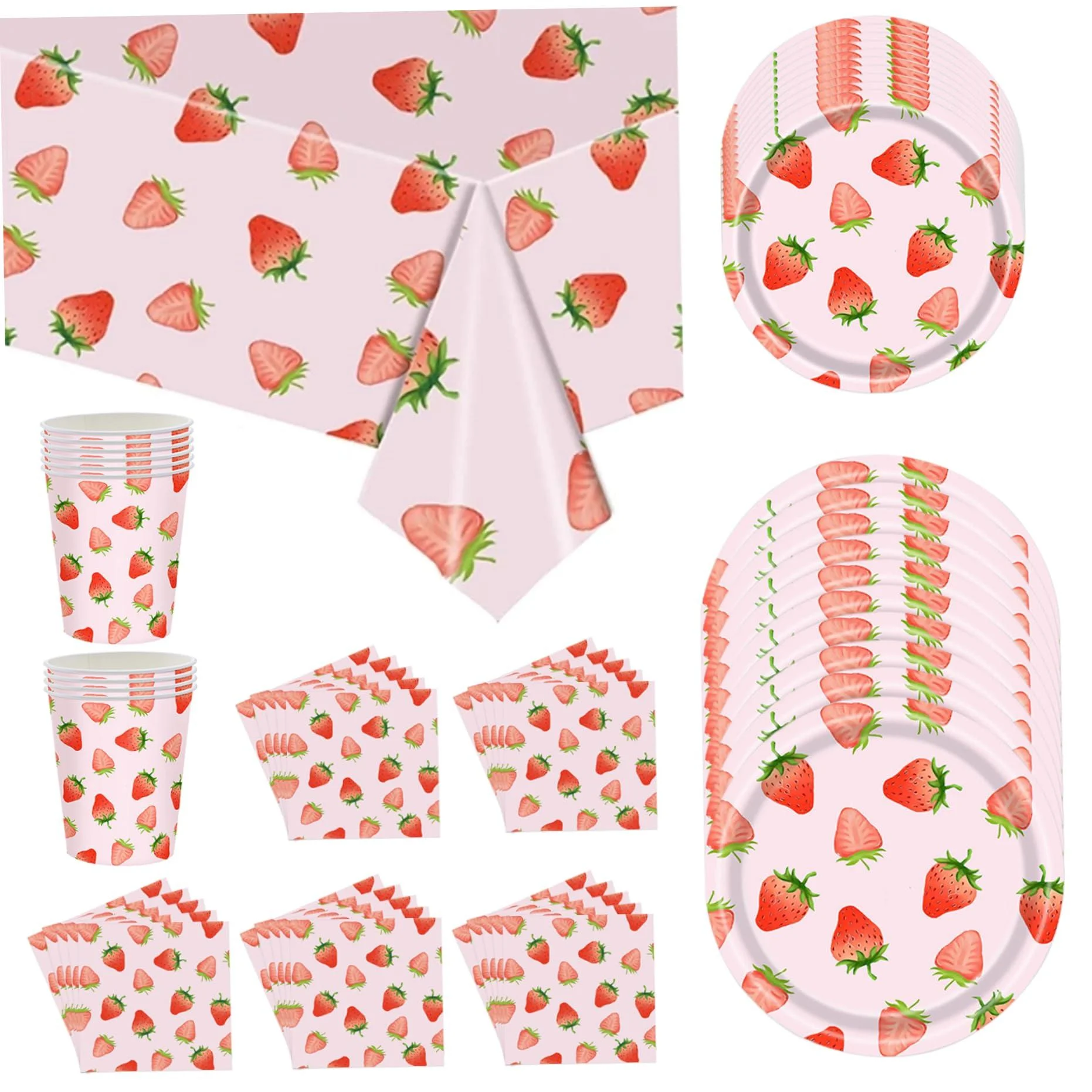 Strawberry Baby Shower Decorations 56Pcs/Set Disposable Dinnerware Set Serves 10 Guests Tablecloth Strawberry Paper Plates Cups & Napkins Strawberry Party Decorations - KUYYFDS