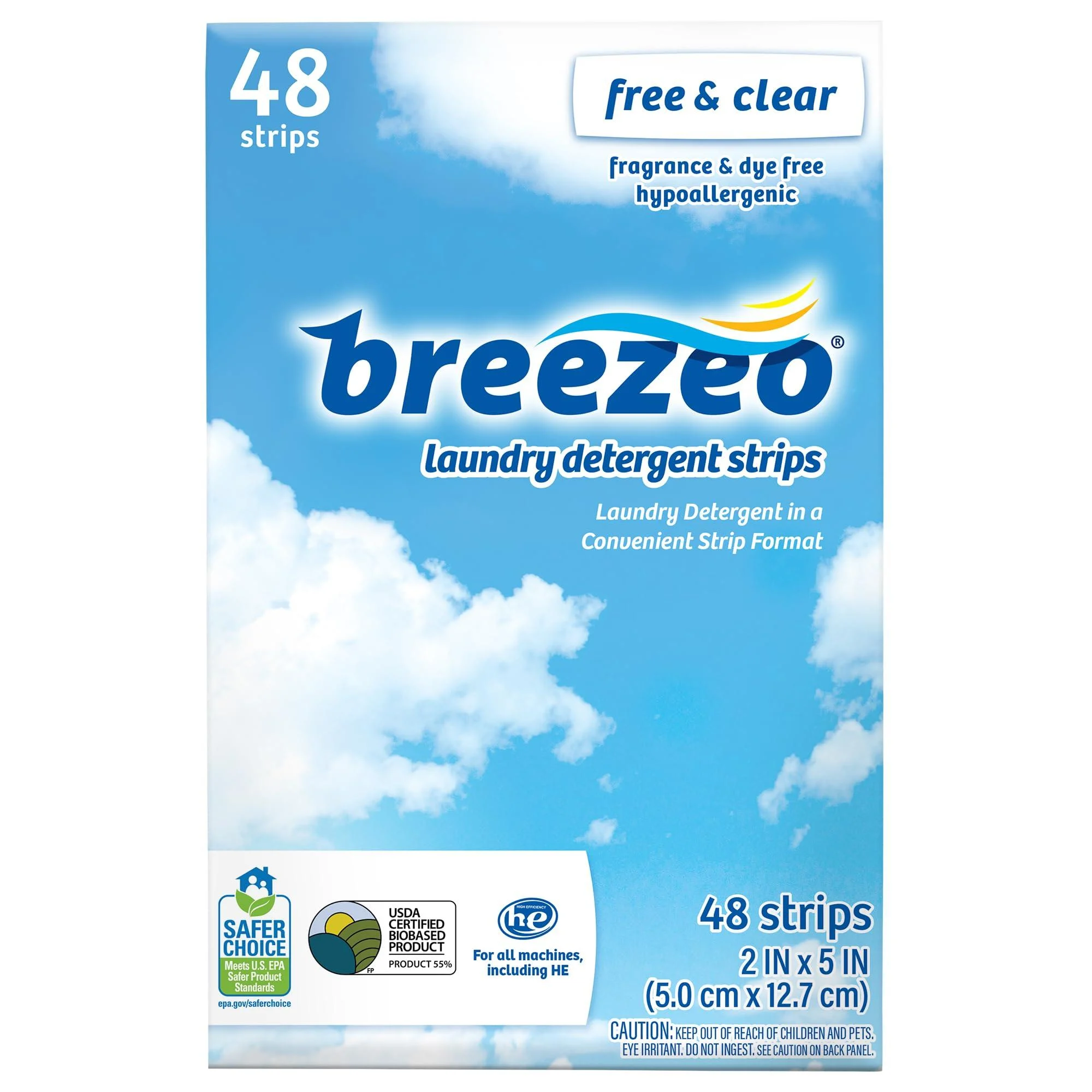 Breezeo Laundry Detergent Strips (48 strips) Free & Clear - More Convenient than Pods Pacs Liquids or Powders Great for Home Dorm Travel Camping & Hand-Washing