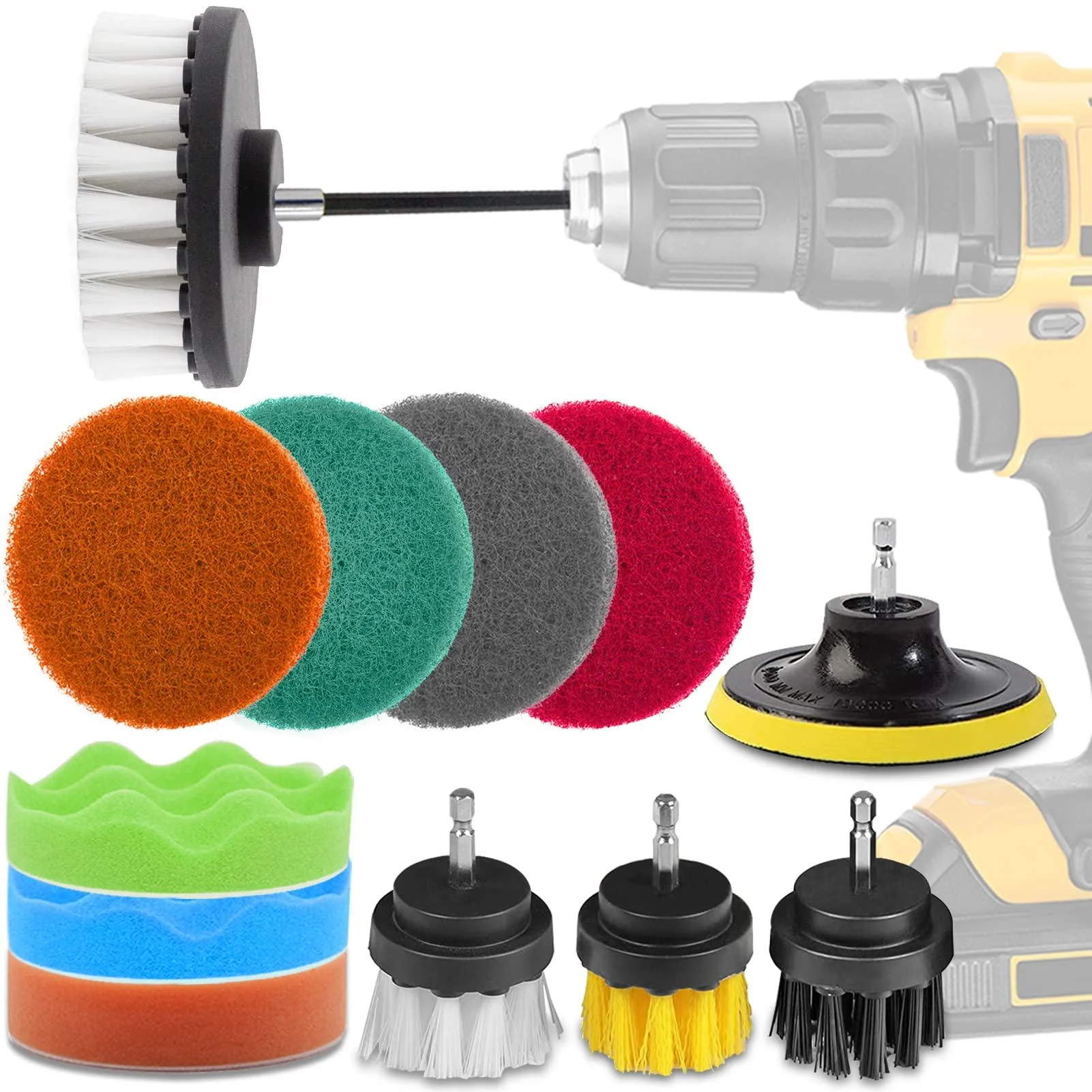 Drill Brush Attachments Set FONSWEA 14-Piece Drill Brush Set for Cleaning Power Scrubber Brush Scrub Pads and Sponge Kit with Extend Attachment for Tiles Corners Kitchen Car Carpet Bathroom Shower Type E 14 Pcs