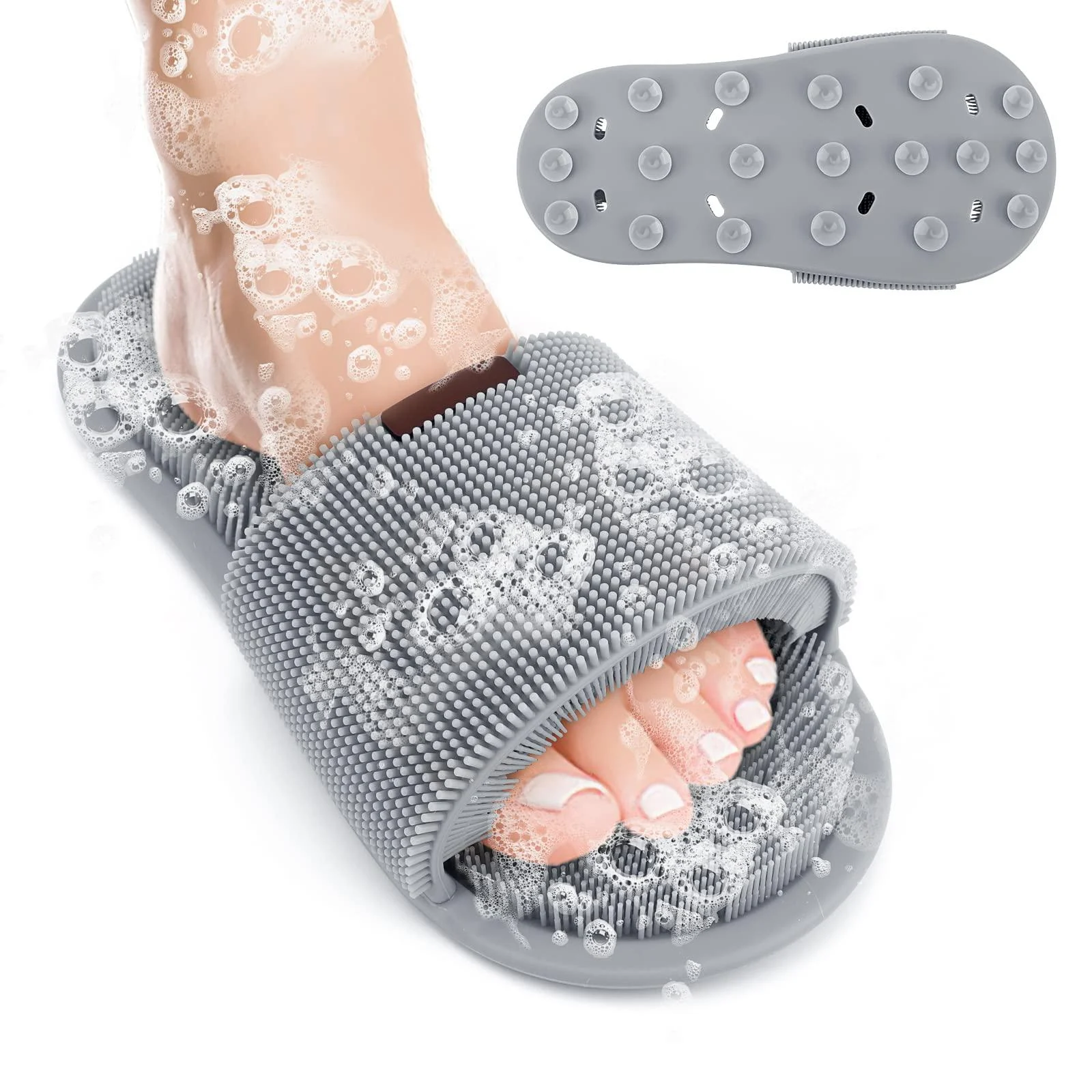 Globalstore Shower Foot Scrubber 1 PCS Non-Slip Foot Scrubber with Soft Silicone Bristles Foot Cleaner Bath Accessories for Exfoliating Dead Skin Feet Clean Improving Circulation Soothing Tired Feet Grey