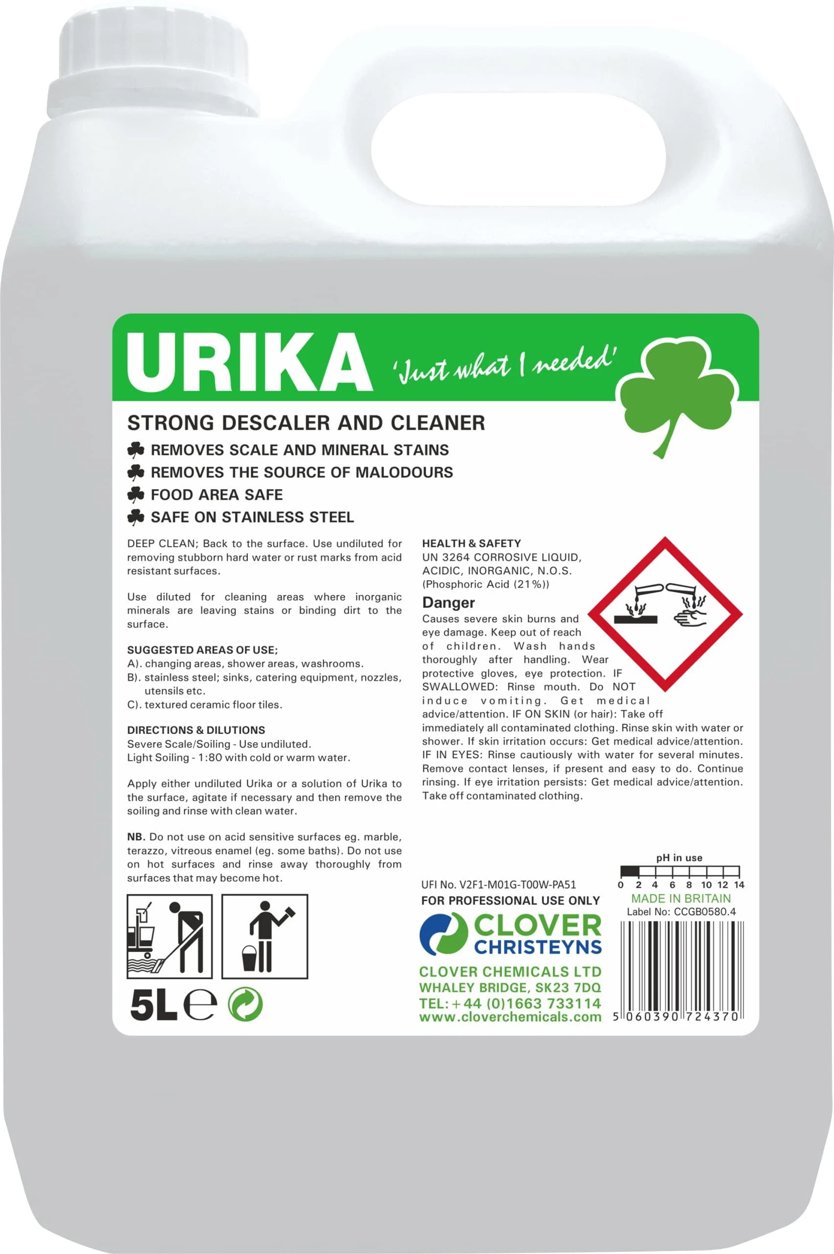 Clover Urika Strong Descaler & Cleaner (525) 5 Ltr - North Star Supplies