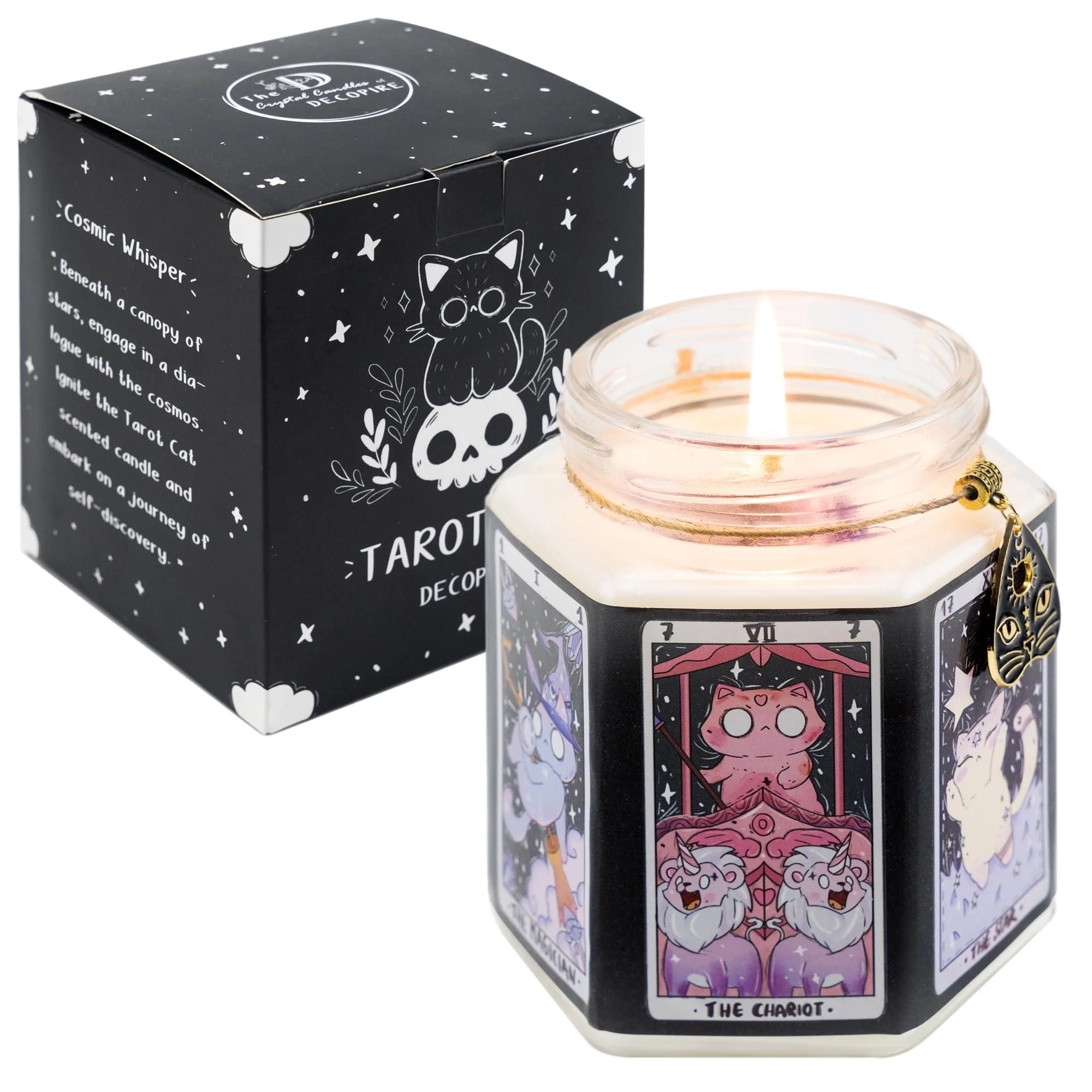 Tarot Cat Protection Crystal Candle Handcrafted Amethyst & Dry Flowers Amber & Sandalwood Scent for Birthdays Witchcraft Relaxation - DECOPIRE