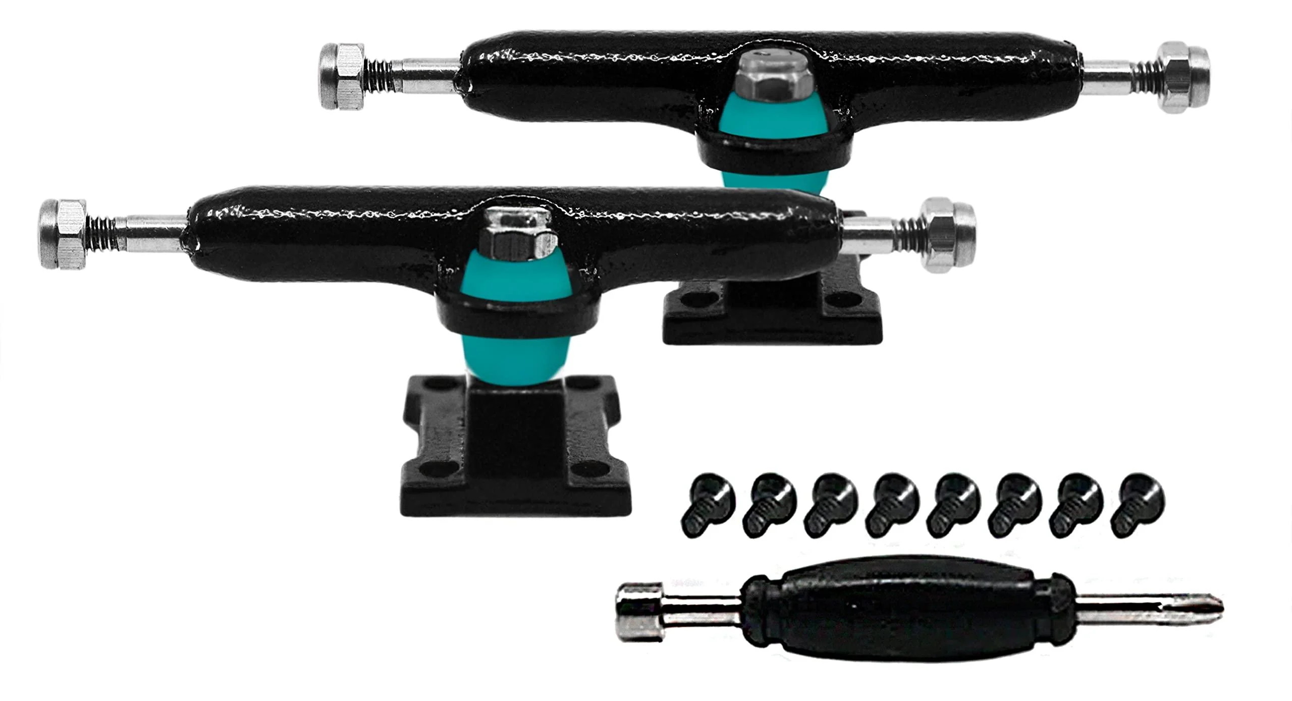 Teak Tuning Prodigy Fingerboard Trucks with Upgraded Lock Nuts, Midnight Black Colorway - 32mm Wide - Professional Shape, Appearance & Components - Includes Pro Duro 61A Bubble Bushings in Teak Teal