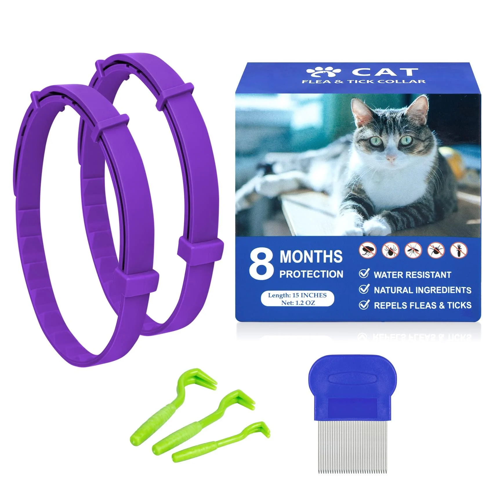 2 Pack Cat Flea Collar with 8 Months, Flea Collar for Cats Easy to Repels Fleas & Ticks, Safe and Effective Flea and Tick Prevention for Cats - Pets vv