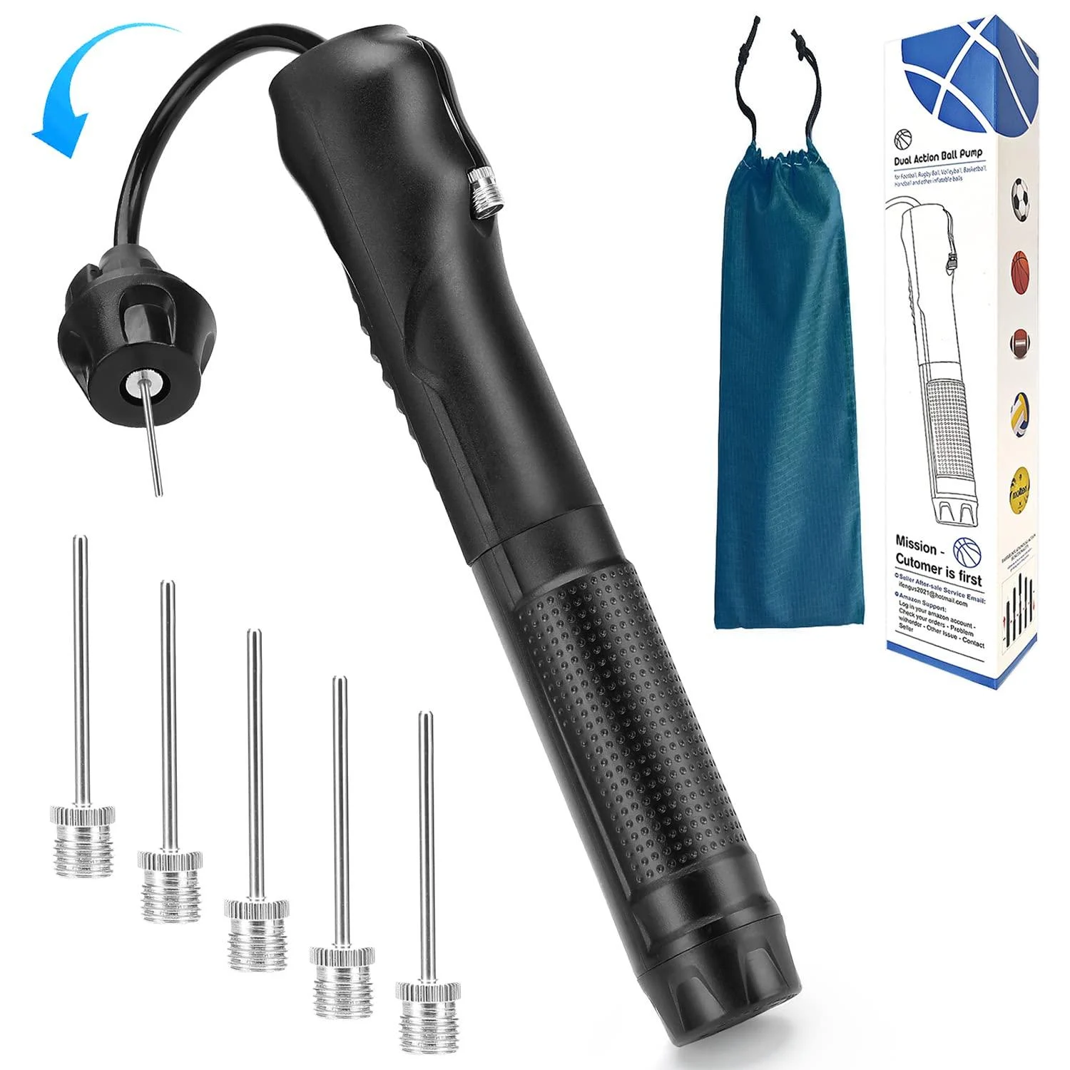 Tomario Ball Pump with 6 Needles and 12CM Extendable Cable(Storage Bag Included), Push&Pull Football Air Pumps Basketball Pump Soccer Ball Pump for Sport Volleyball Rugby Ball. Black