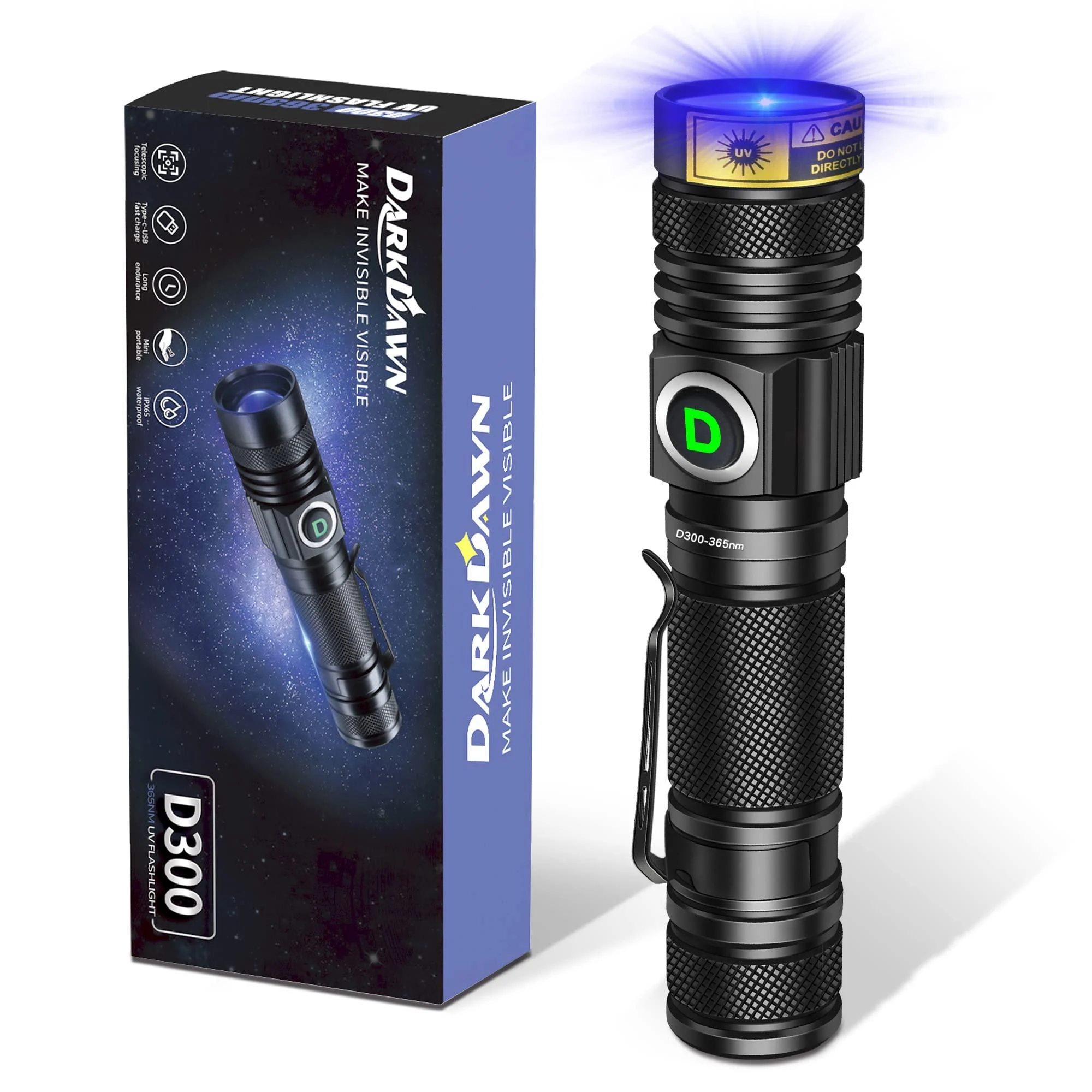 DARKDAWN UV Torch Flashlight 365nm Light USB Rechargeable Ultraviolet LED Blacklight Powerful Woods Lamp Portable Mini Detector for Pet Urine Stains Uranium Glass Money Resin Curing Fluorescent Uv 365nm Light/Blue - 1 Pack