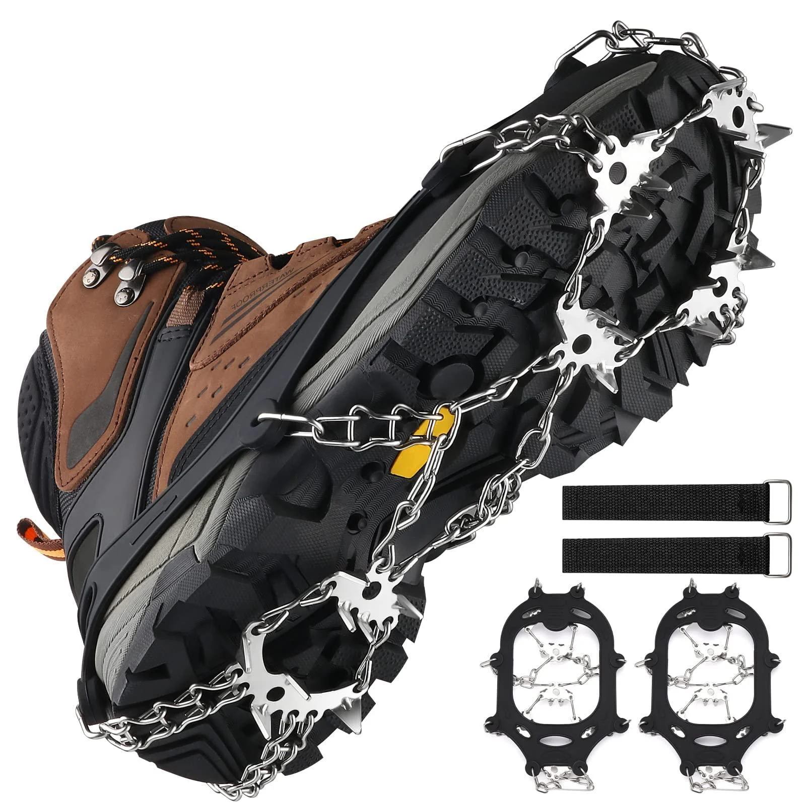 Roohiseng Crampons Ice Cleats Traction Snow Grips for Boots Shoes, 24 Stainless Steel Spikes Anti Slip Safe Protect for Men Women Hiking Fishing Walking Climbing Mountaineering Large