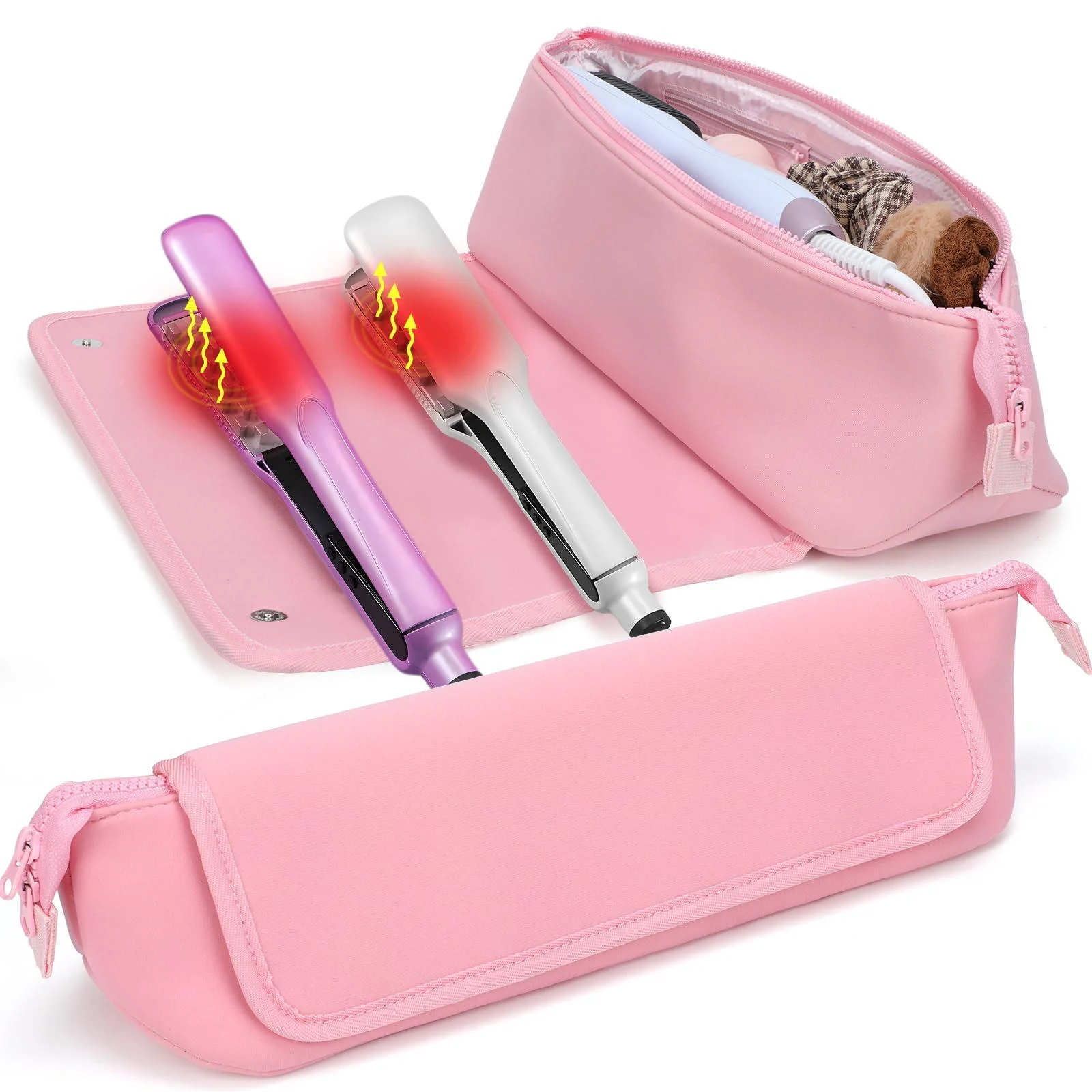 Heat Resistant Mat Travel Bag Neoprene Curling Iron Mat Holder for Flat Irons Straighteners Curling Iron Hot Hair Styling Tools Haircare Accessories Pink 18x4 inches - WINZEDGE
