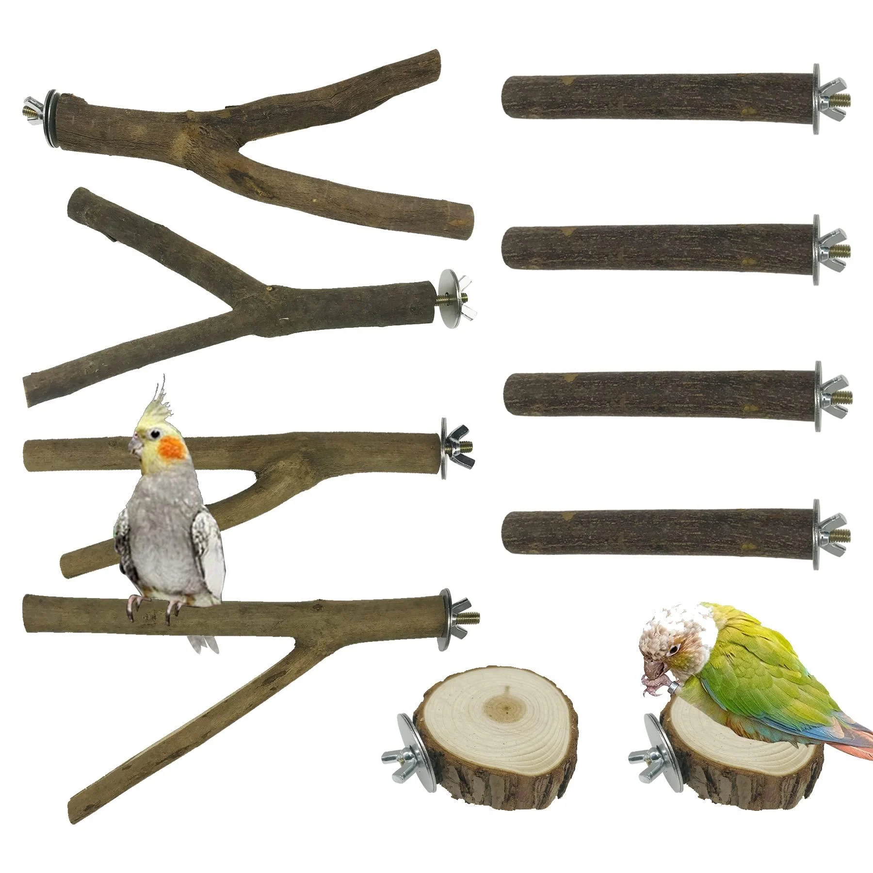 Allazone 10 PCS Natural Wood Bird Perch Stand Bird Parrot Perch Stand Set Wooden Parrot Perch Stand Perch Platform Cage Accessories for Parrotlets Cockatiels Budgies Parakeets Style 2
