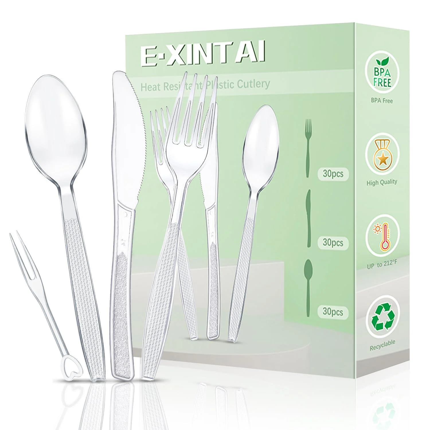 Plastic Cutlery Set 140 Pieces plastic spoons forks Plastic Fruit Fork plastic Knives Durable Quality Reusable and Portable Plastic Cutlery Set for Birthday Parties Camping Cutlery (Clear) - E XINTAI