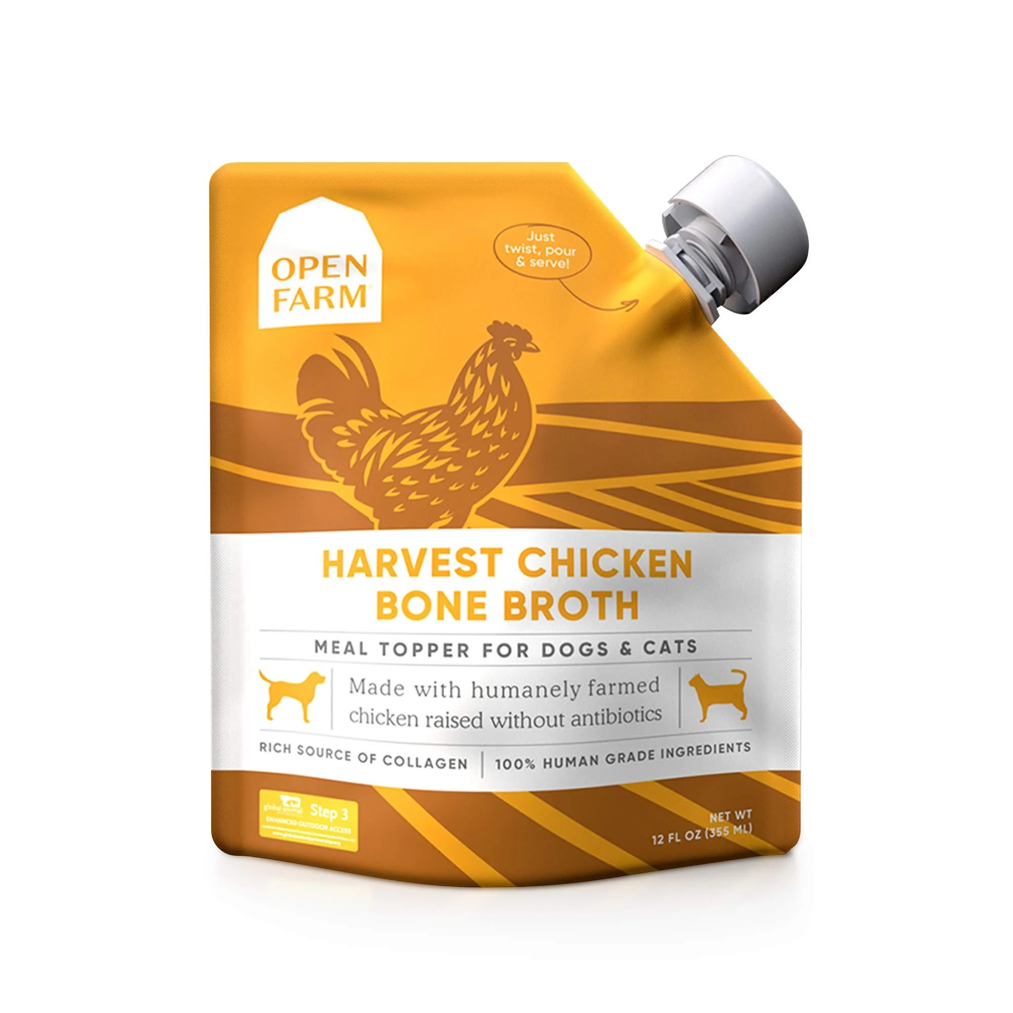 Open Farm Bone Broth, Food Topper for Both Dogs and Cats with Responsibly Sourced Meat and Superfoods Without Artificial Flavors or Preservatives, 12oz Harvest Chicken