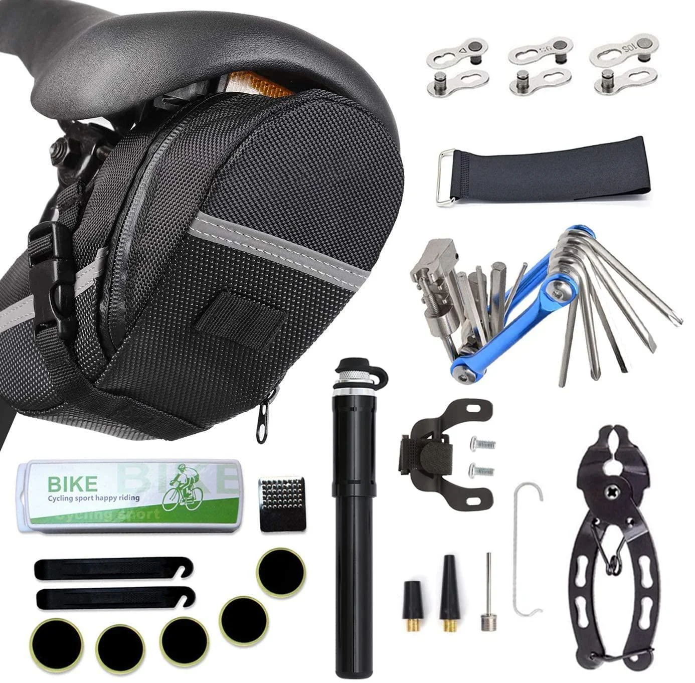 HHLC Bicycle Tire Pump, Bike Repair Tool Kits Saddle Bag, Patches, 11 in 1 Multi Function Tool, Lever, Link Plier, Missing for Road Mountain BMX , Chain Breaker Splitter