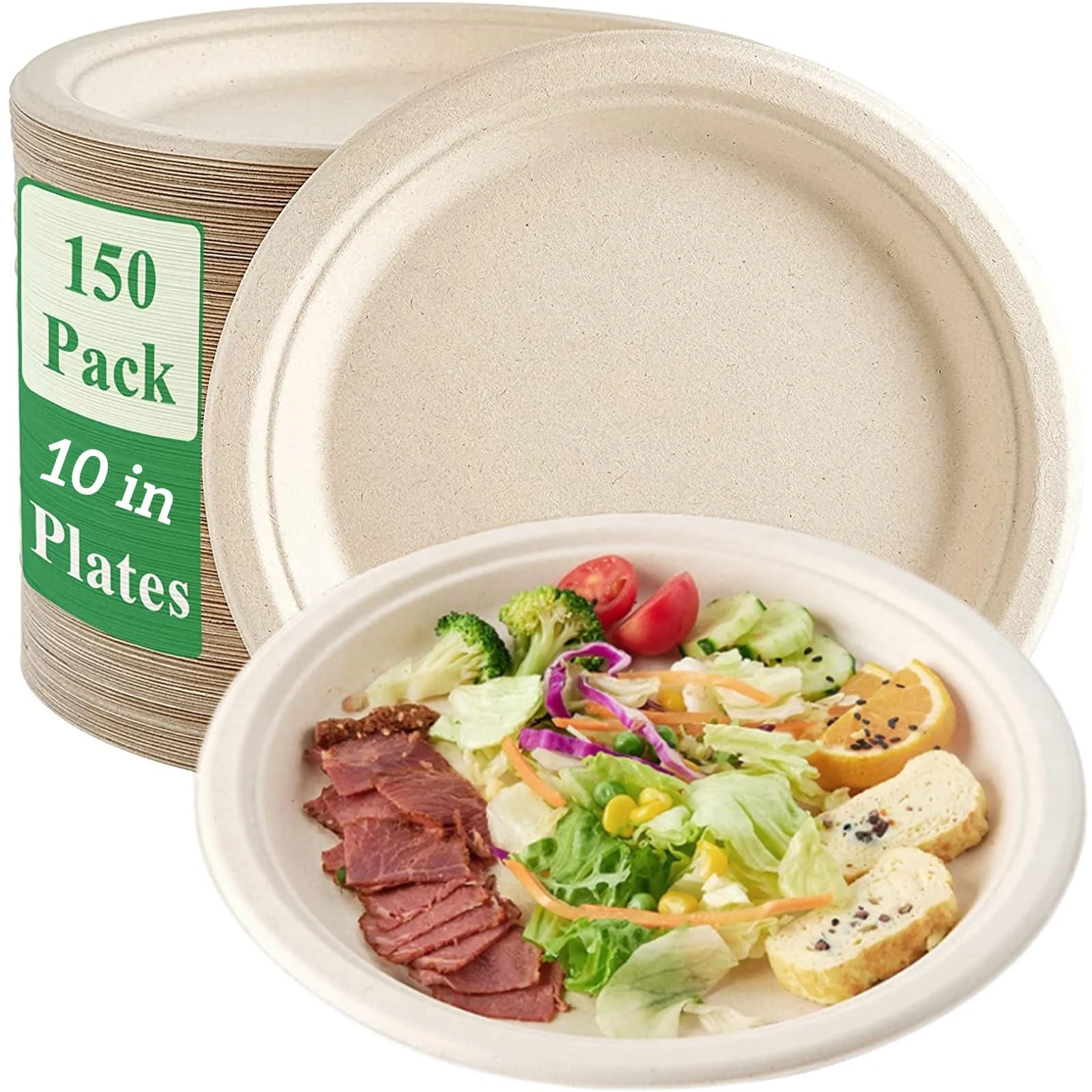 150 Pcs Paper Plates 10 Inch Biodegradable Disposable Round Plates Eco-Friendly Natural Compostable Plant Fiber Plate Ideal for Lunch and Dinner Parties (Natural)