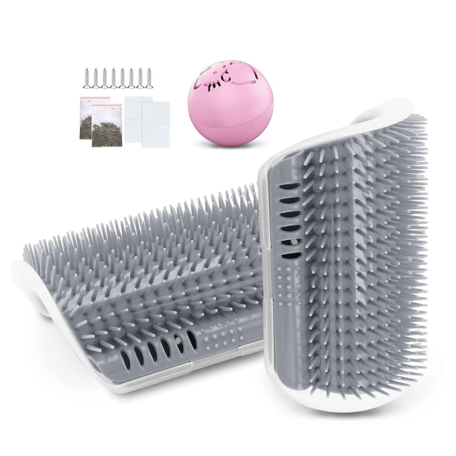 JEEZAO 2 Pack New Version Long Cat Self Groomer Wall Corner Grooming Brush Cat Massage Comb Scratcher with Catnip Bag and Ball Lengthen Comb Teeth (gray)
